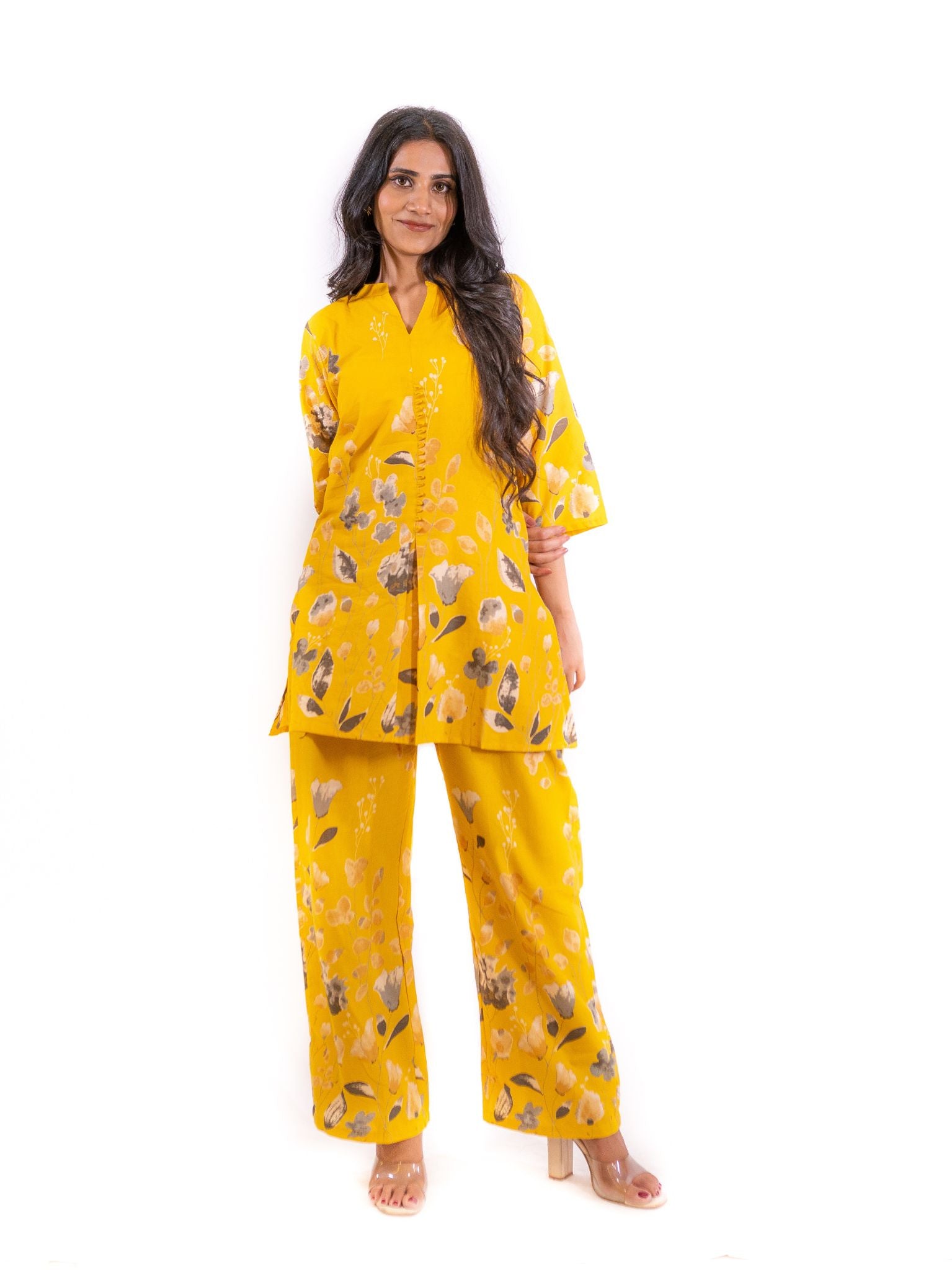 Yellow Floral Bageecha Co-ord Set with Kurti and Straight Pants