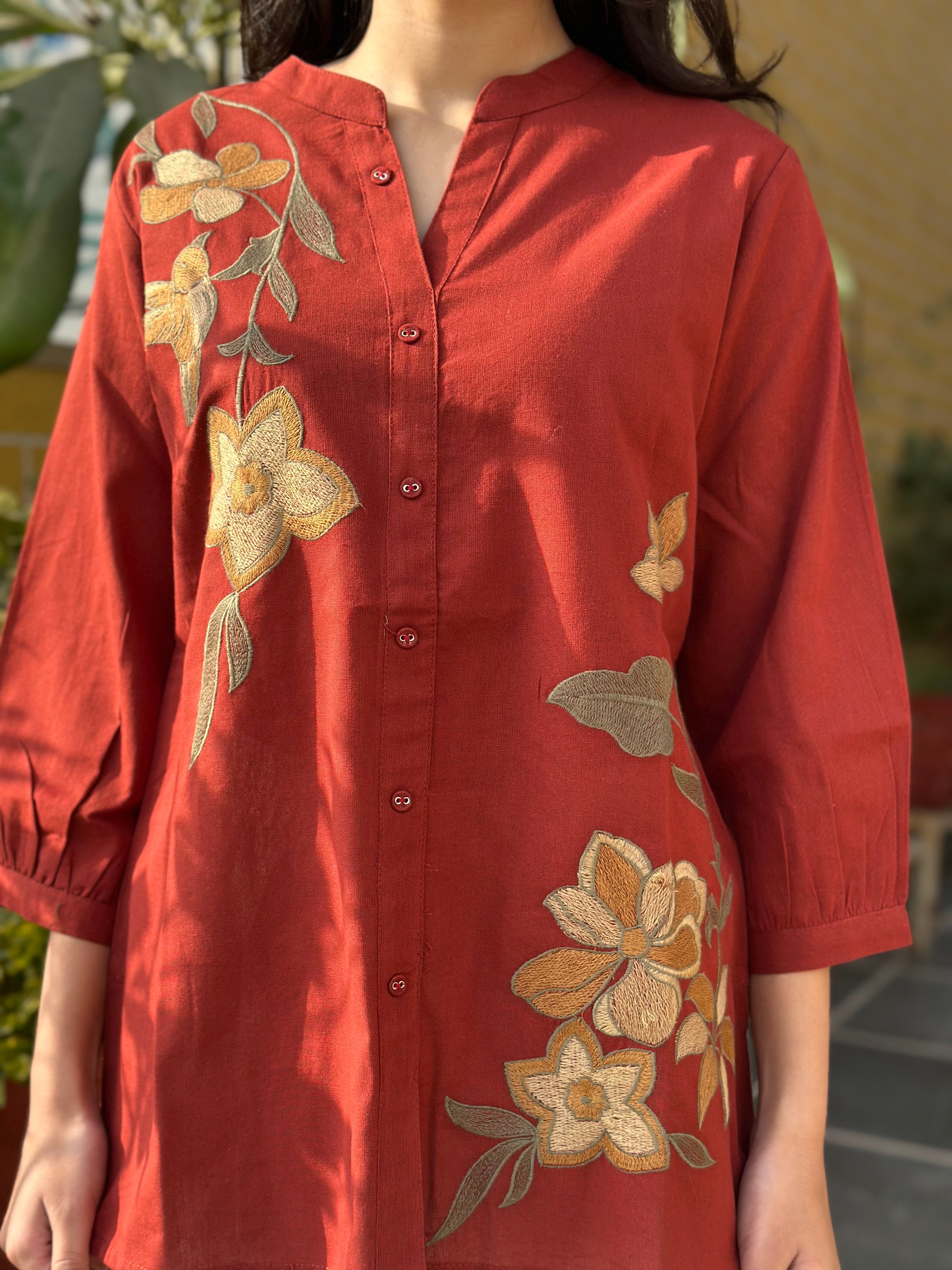 Rust Cotton Flex Kurti With Floral Embroidery