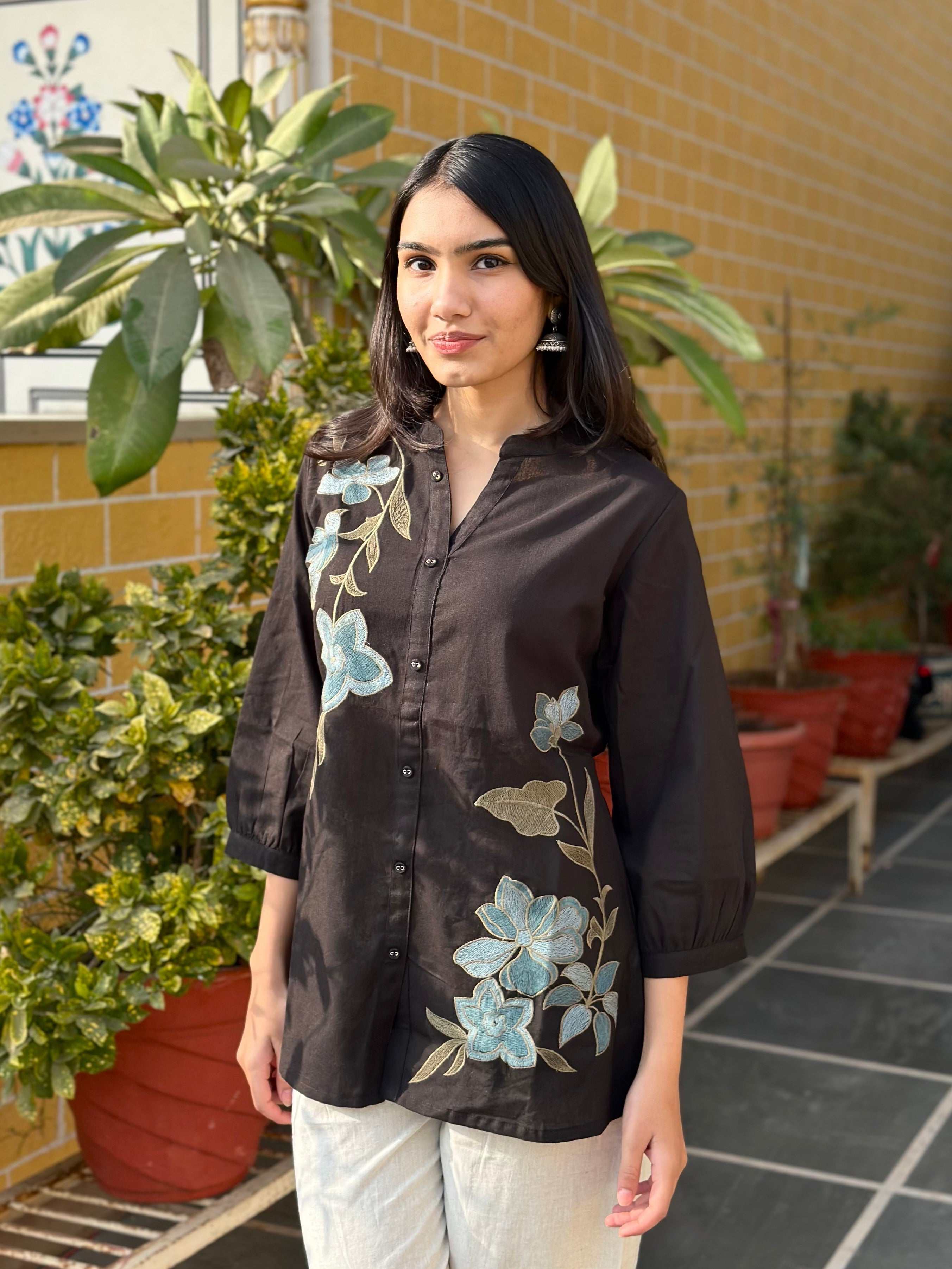 Black Cotton Flex Kurti With Floral Embroidery