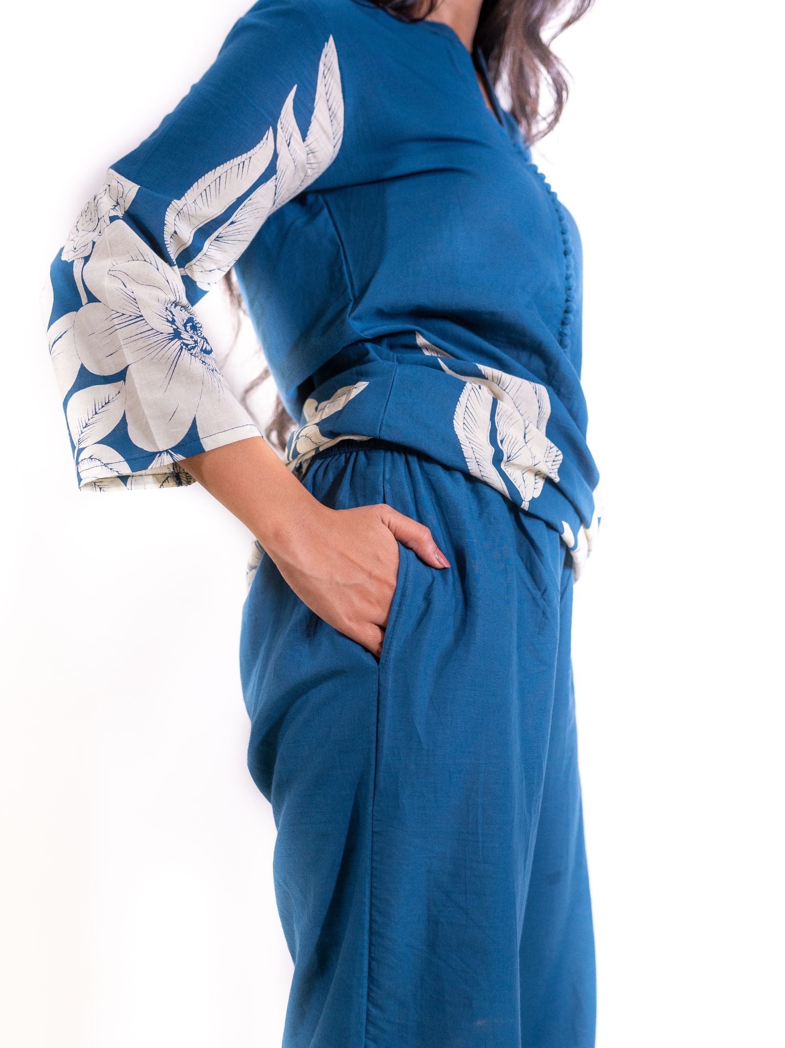 Blue Gulzar Co-ord Set with Ivory Floral Detailing