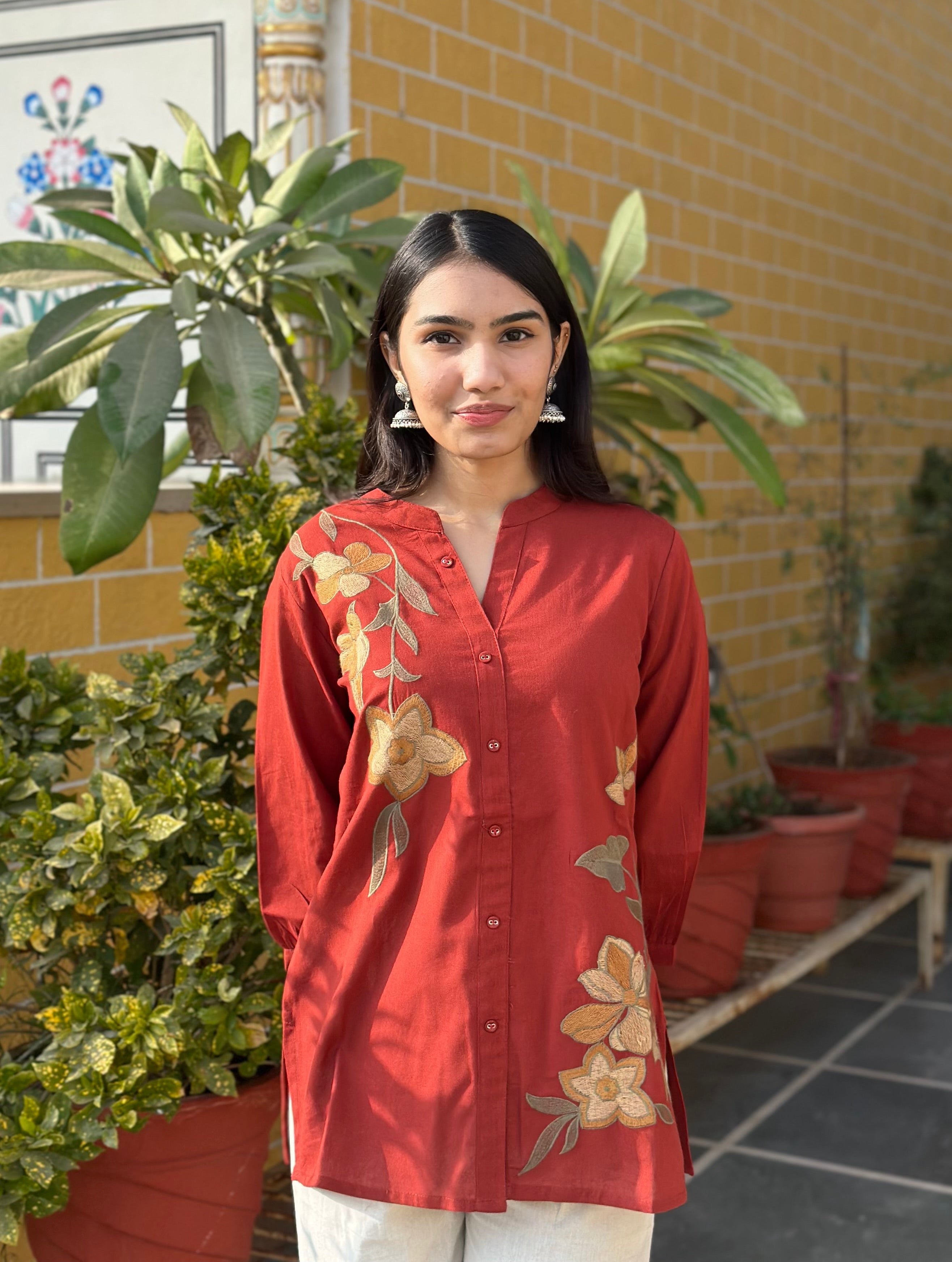 Rust Cotton Flex Kurti With Floral Embroidery