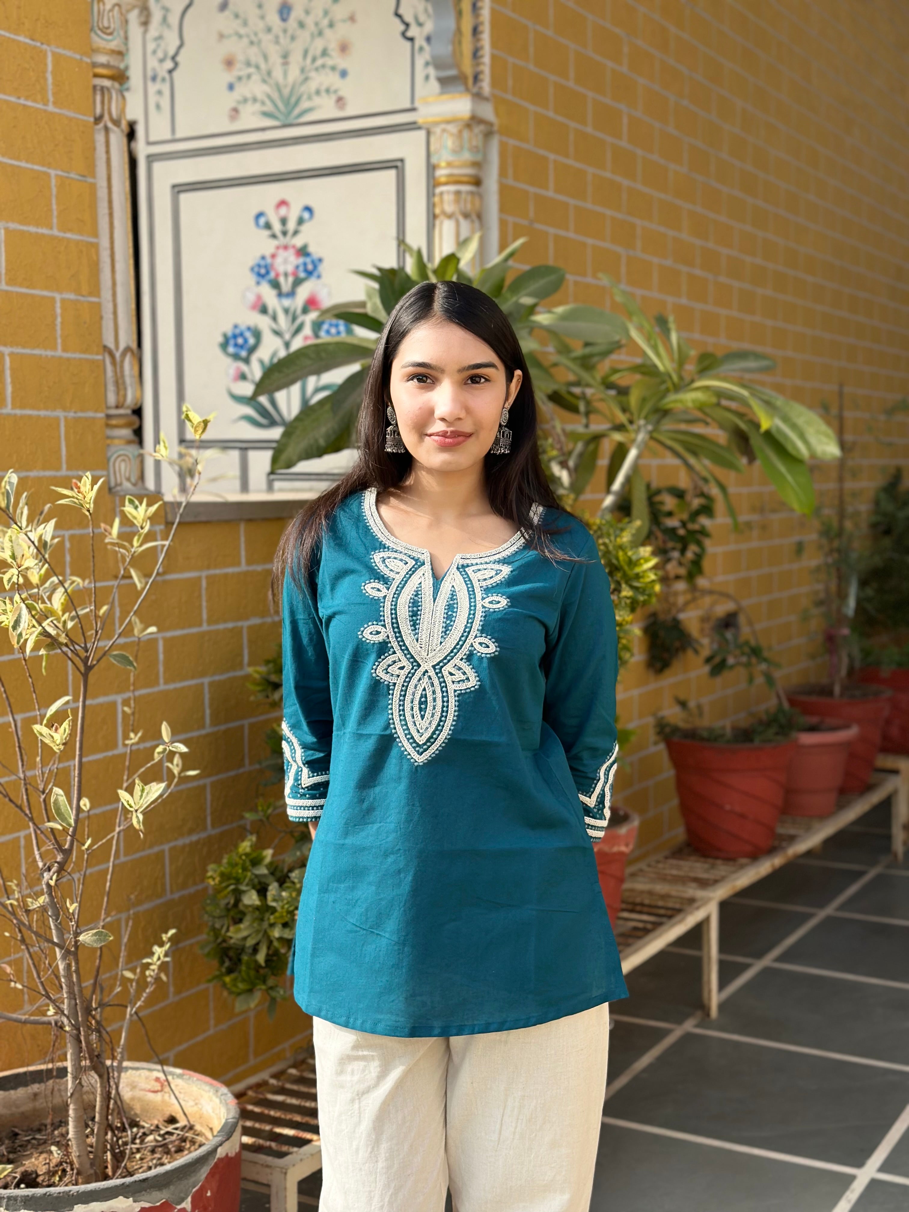 Teal Blue Embroidered Cotton Flex Kurti