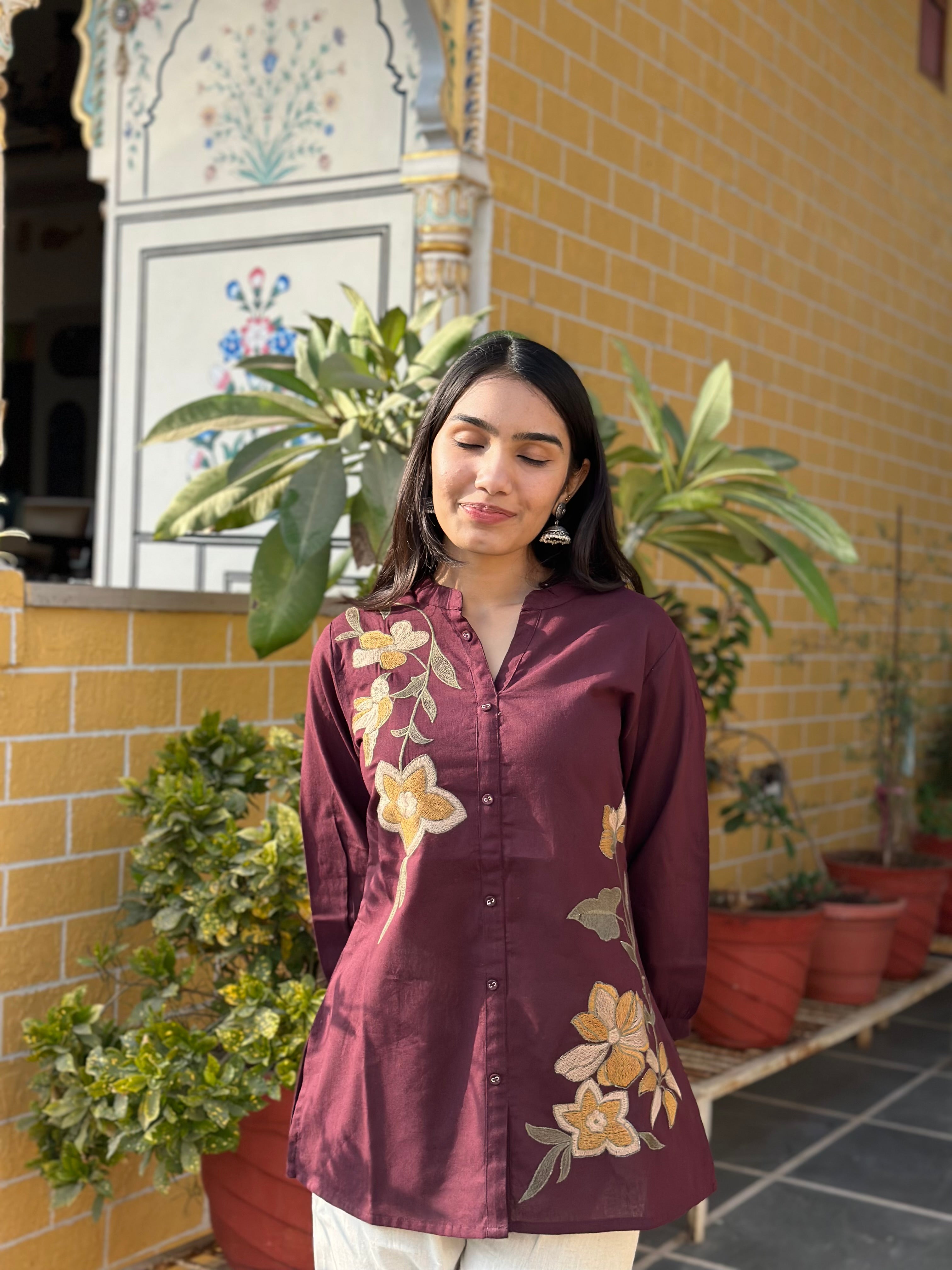 Wine Cotton Flex Kurti With Floral Embroidery