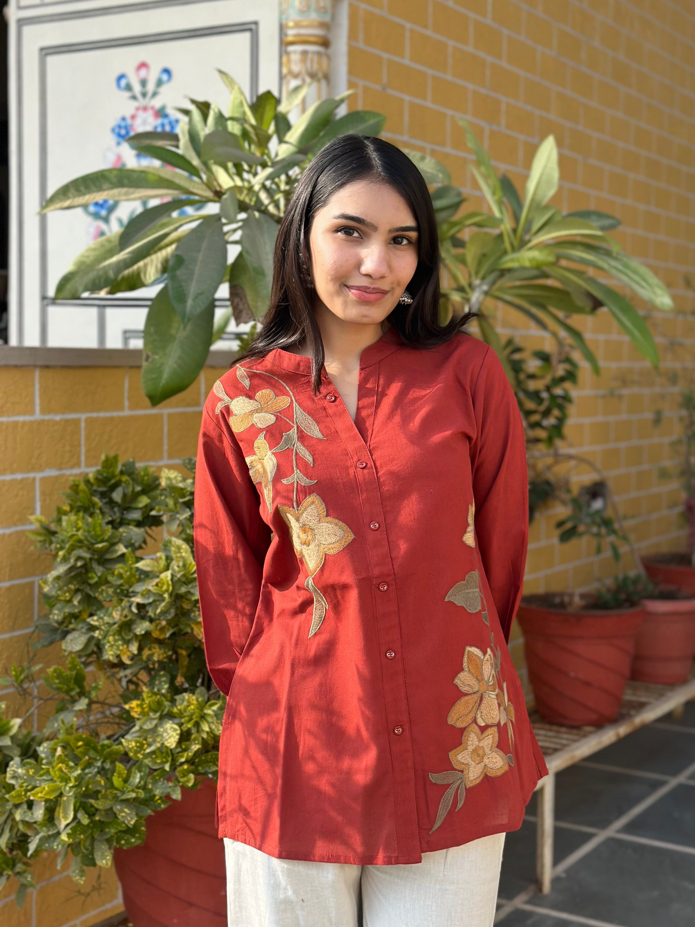 Rust Cotton Flex Kurti With Floral Embroidery