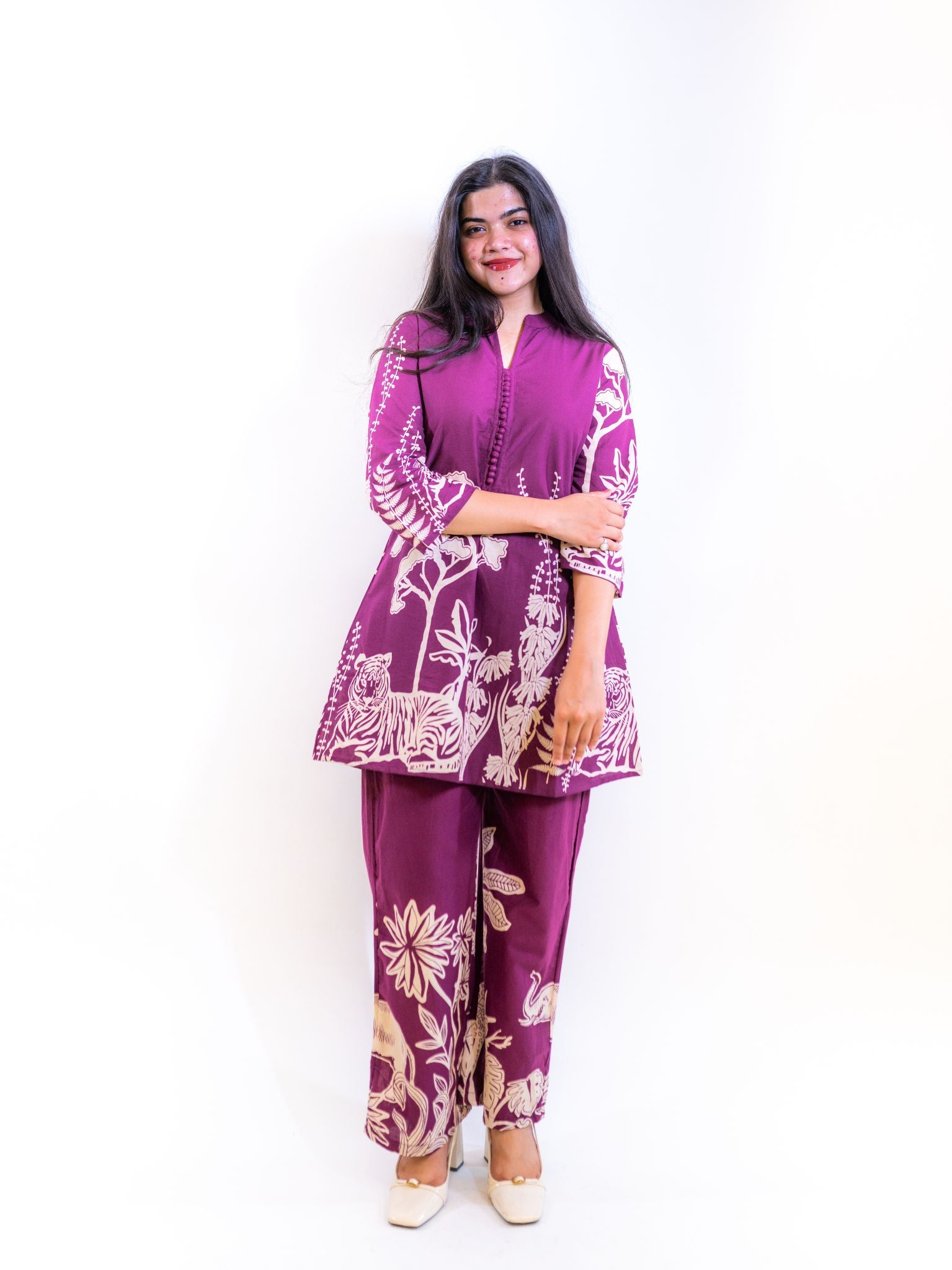 Purple Bagh Co-ord Set with Animal and Floral Prints