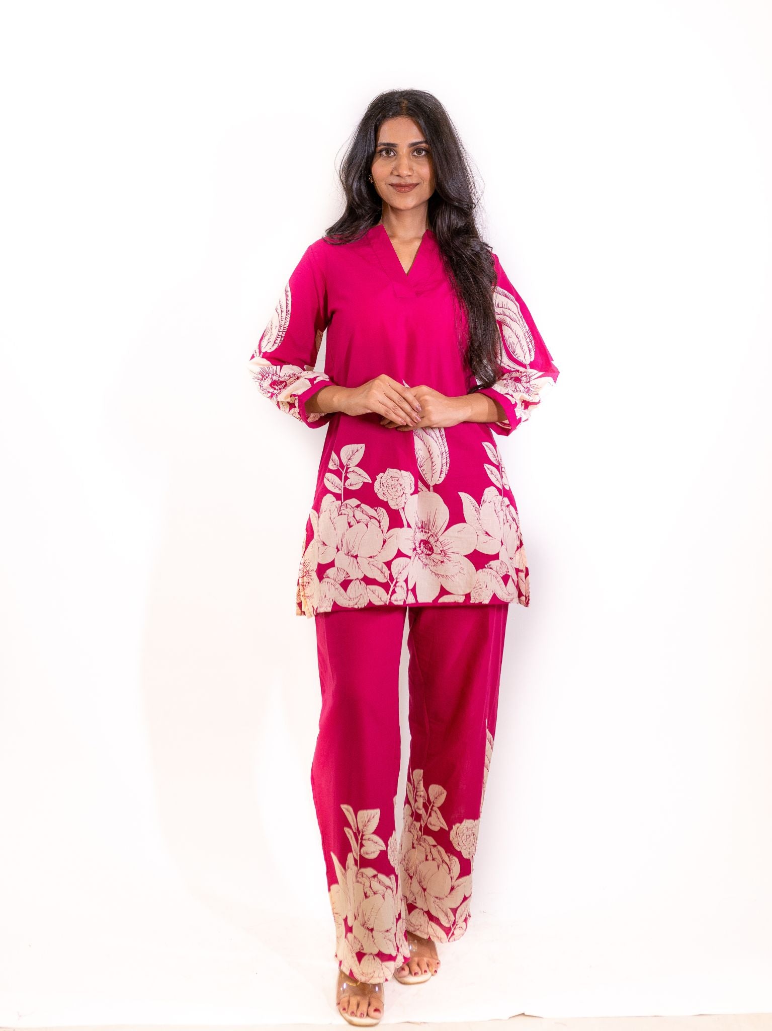 Pink Gulzar Co-ord Set with Bold Floral Motifs