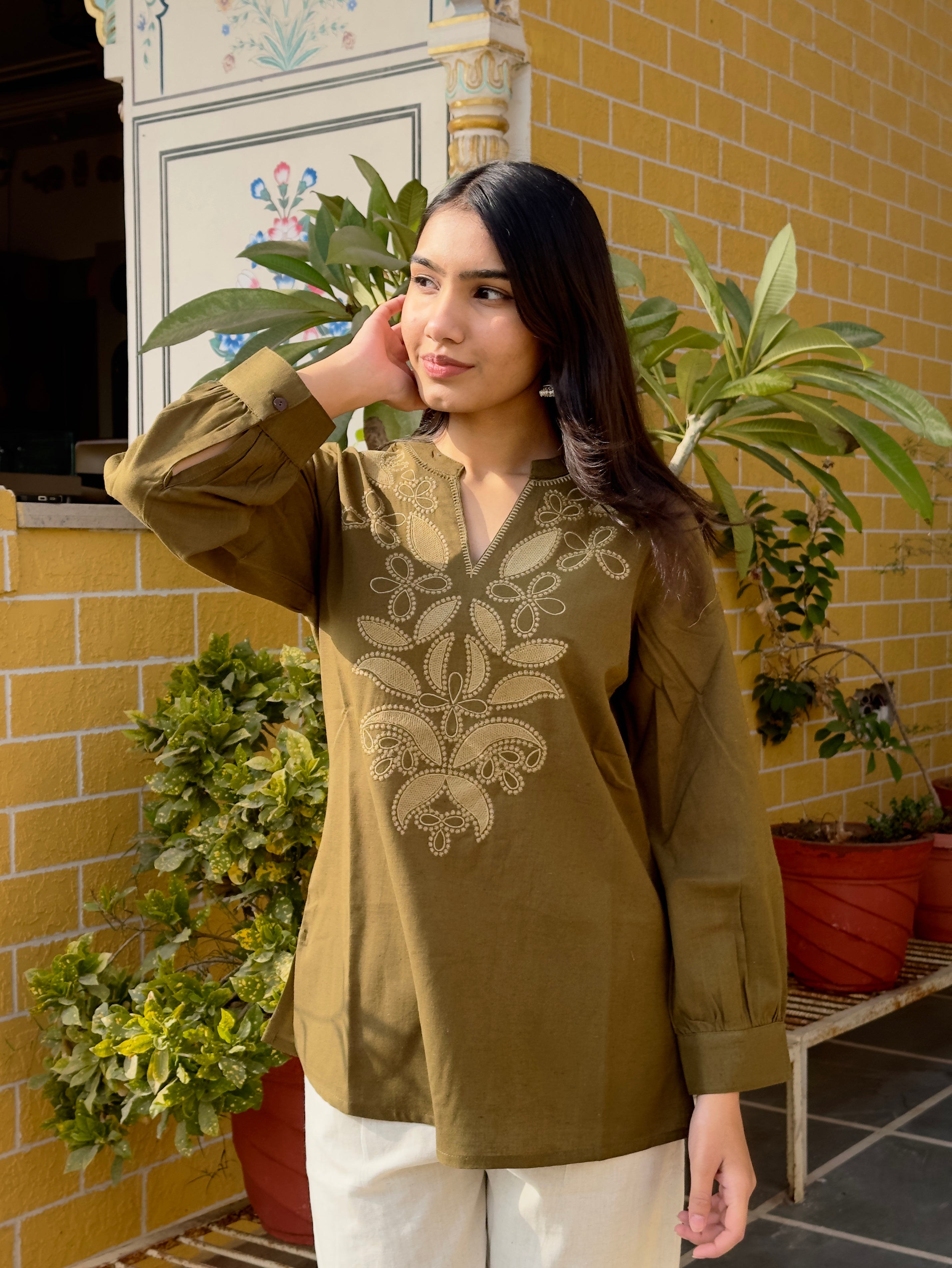 Olive Cotton Flex Kurti With Floral Embroidery