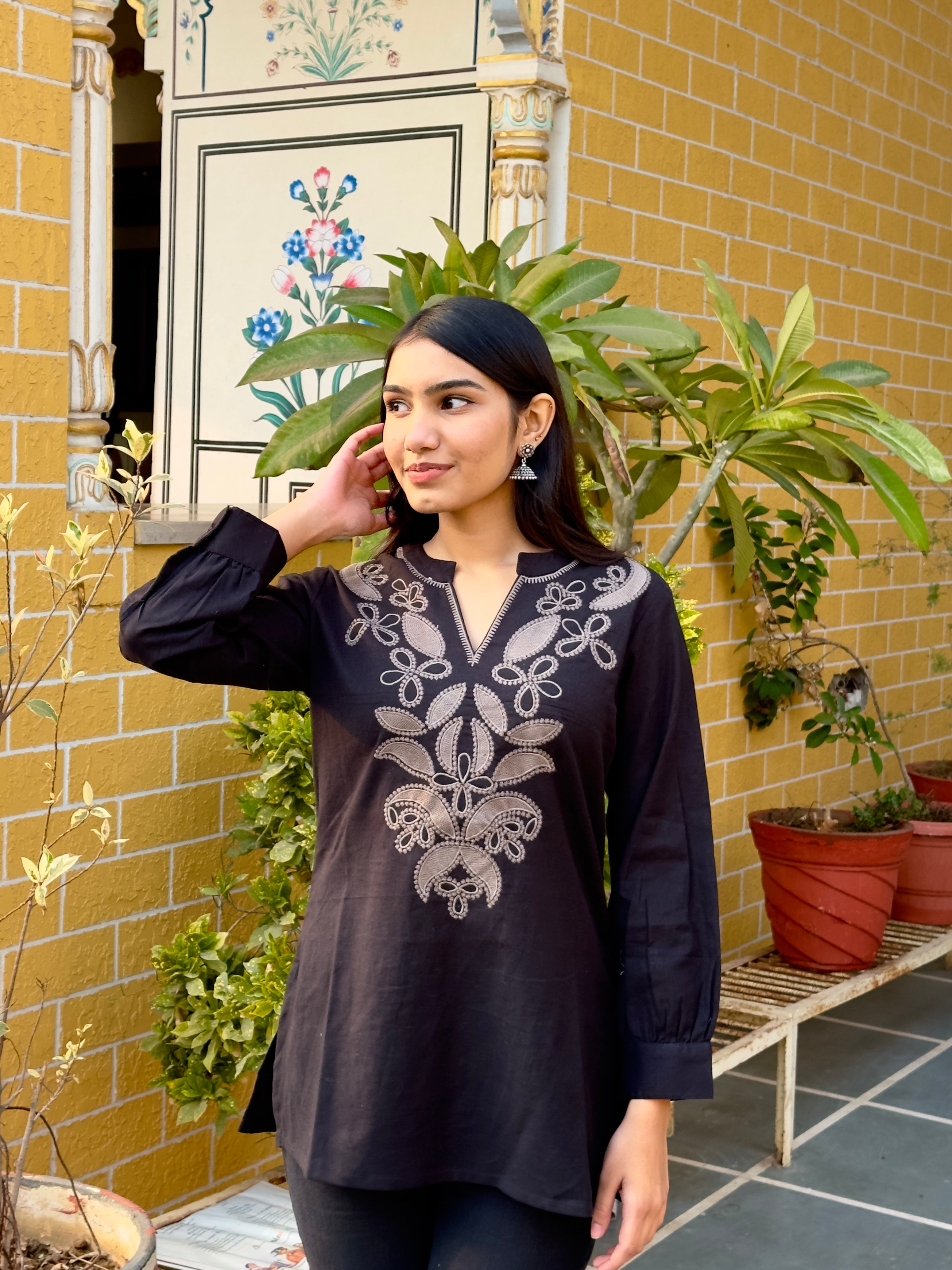Black Cotton Flex Kurti With Floral Embroidery