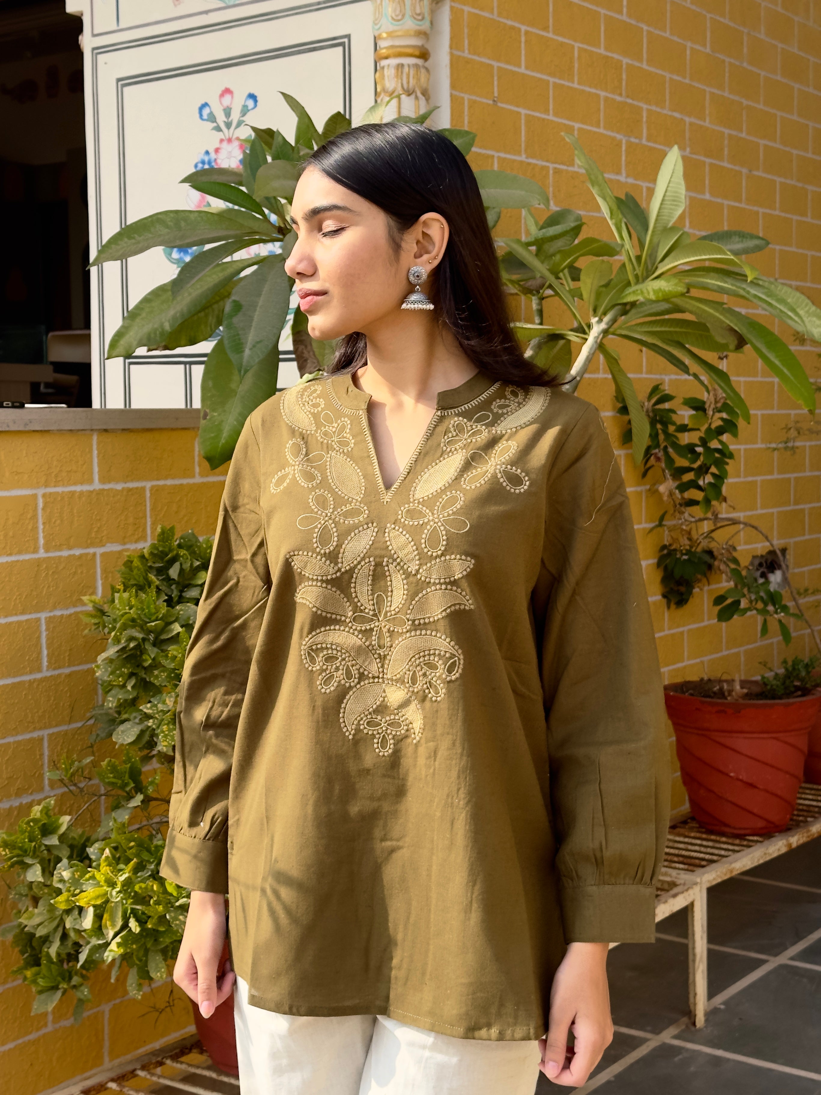 Olive Cotton Flex Kurti With Floral Embroidery