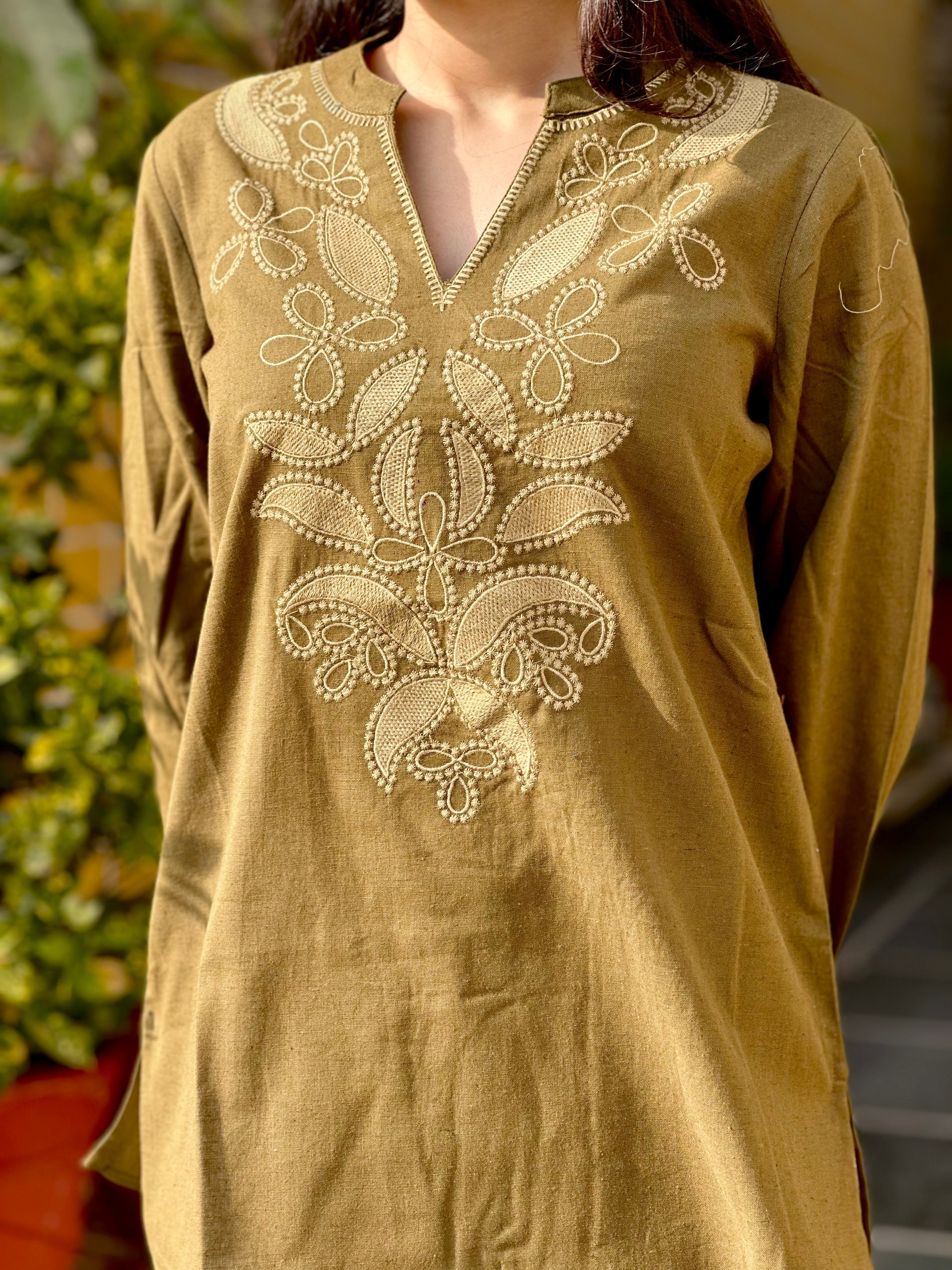 Olive Cotton Flex Kurti With Floral Embroidery