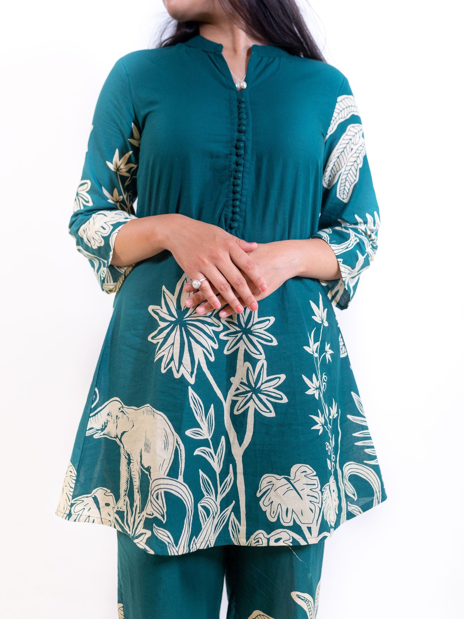 Teal Blue Hastin Co-ord Set with Elephant and Floral Prints