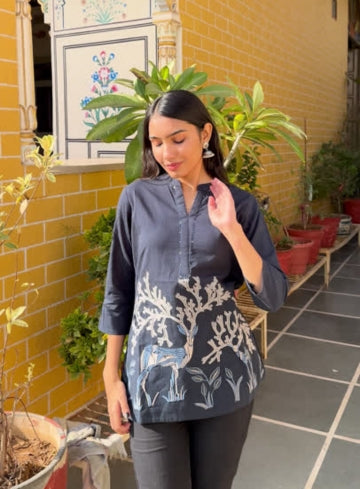 Black Cotton Flex Kurti With Beige Tree Inspired Print