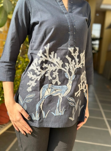 Black Cotton Flex Kurti With Beige Tree Inspired Print