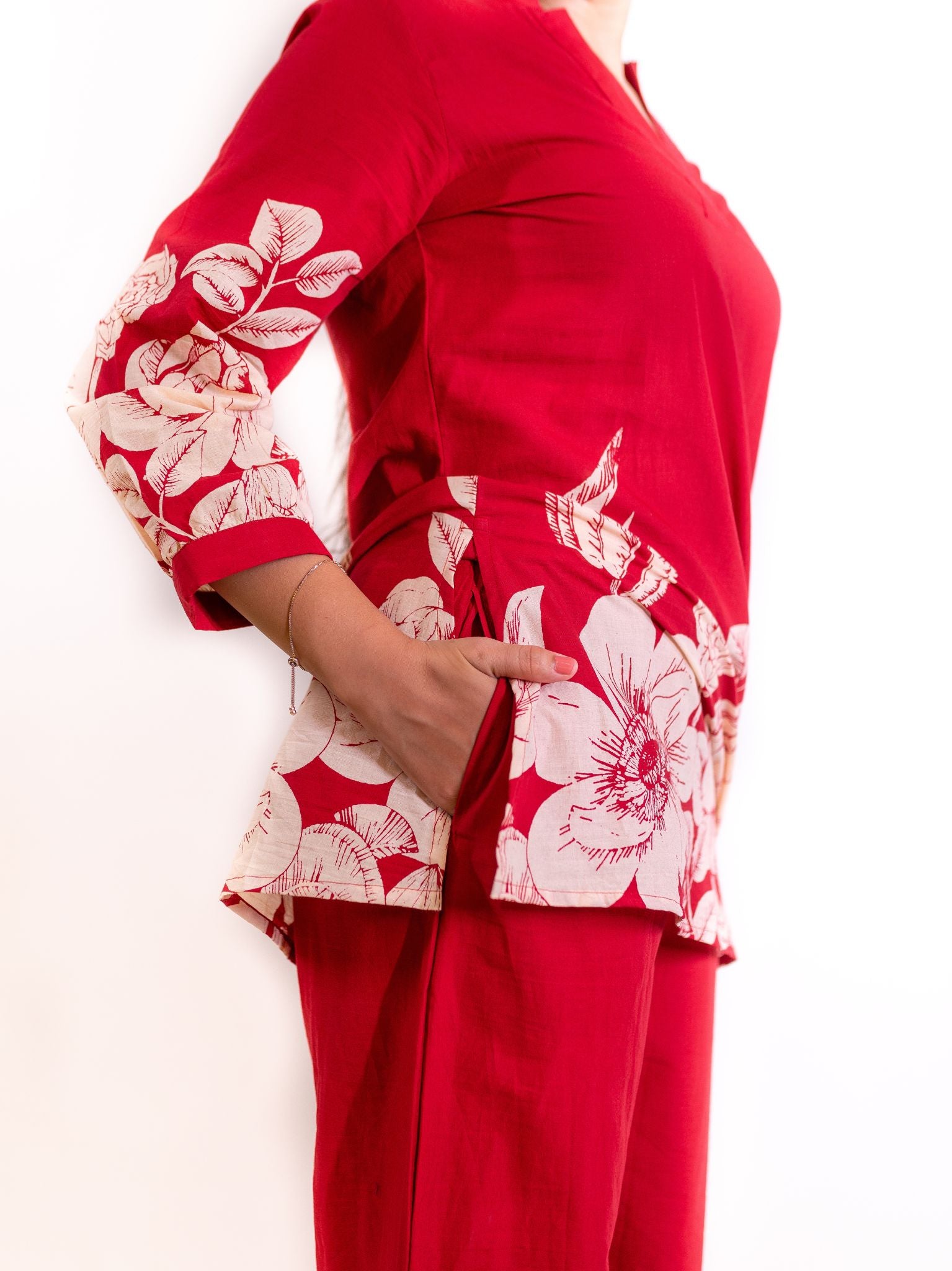 Red Gulzar Co-ord Set with Ivory Floral Embellishments