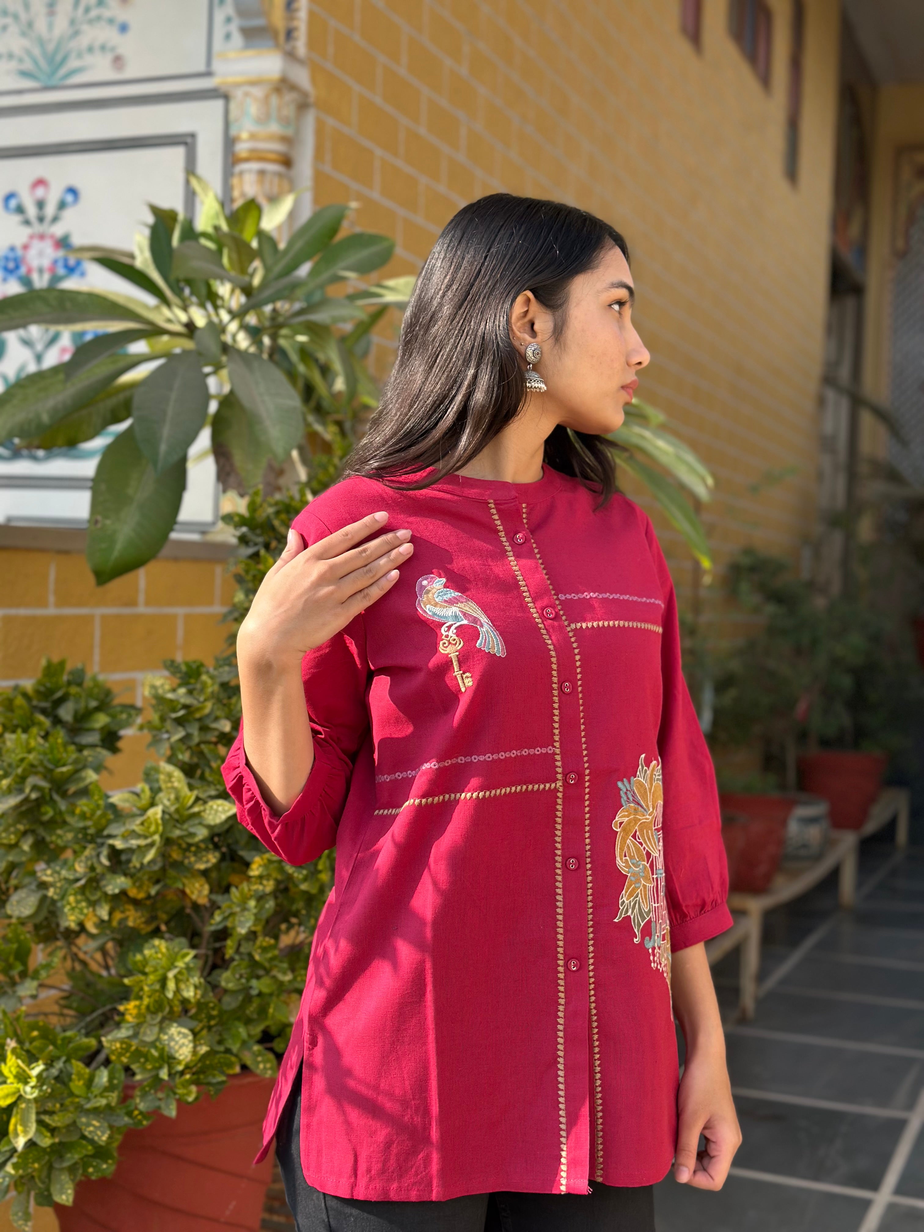 Rani Pink Cotton Flex Kurti With Bird Embroidery