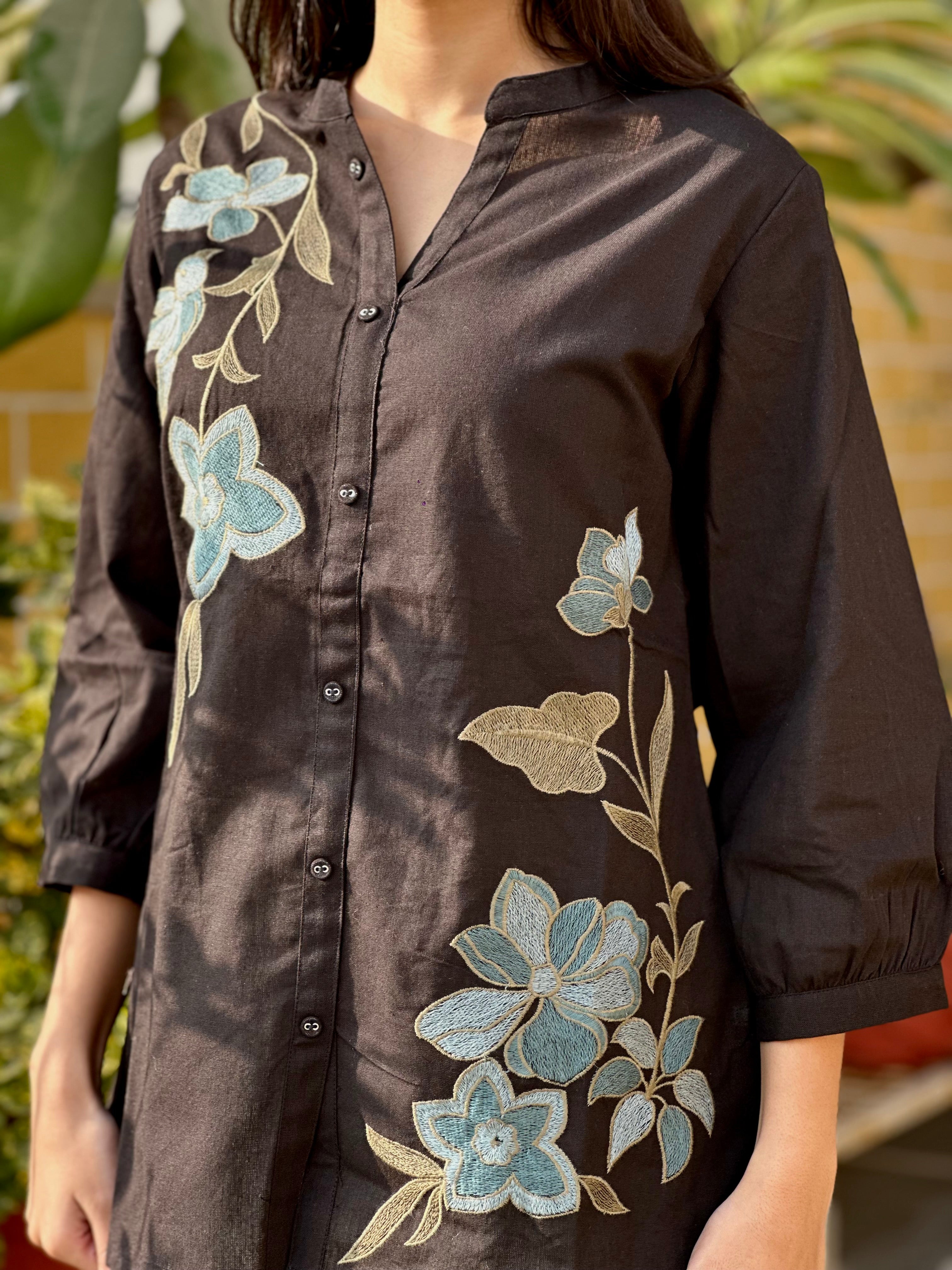Black Cotton Flex Kurti With Floral Embroidery