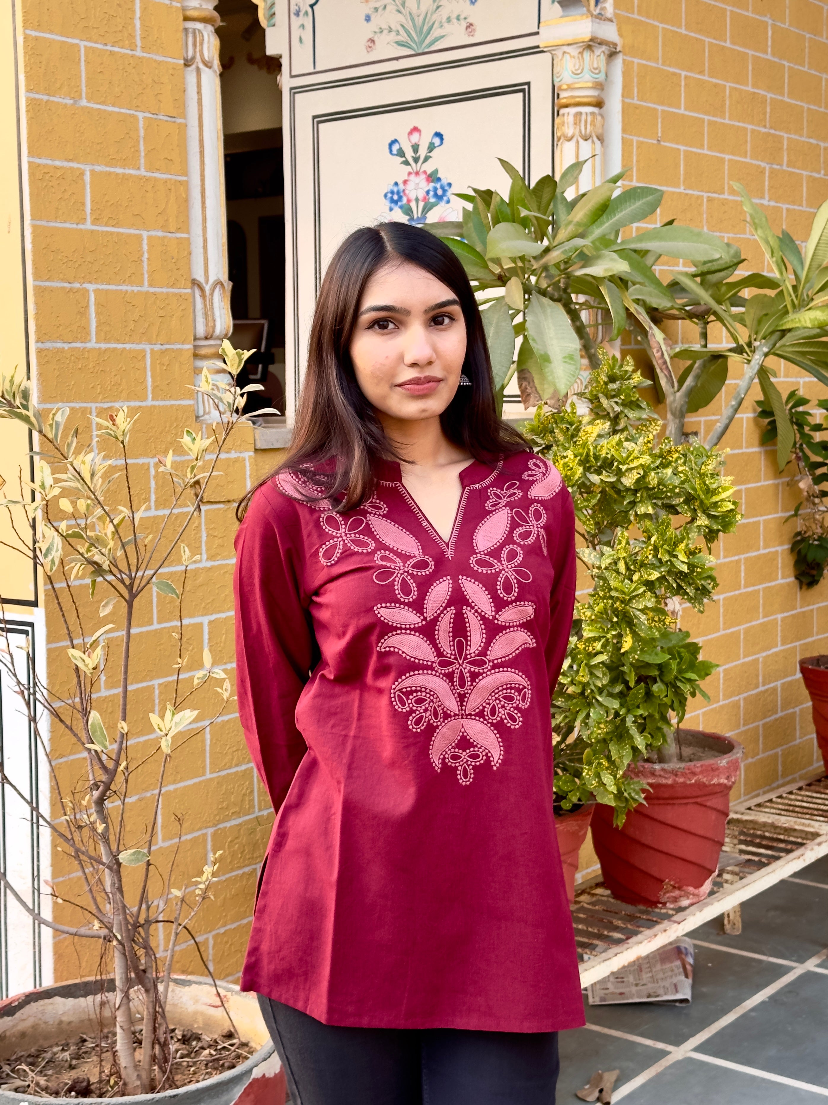 Burgundy Cotton Flex Kurti With Floral Embroidery