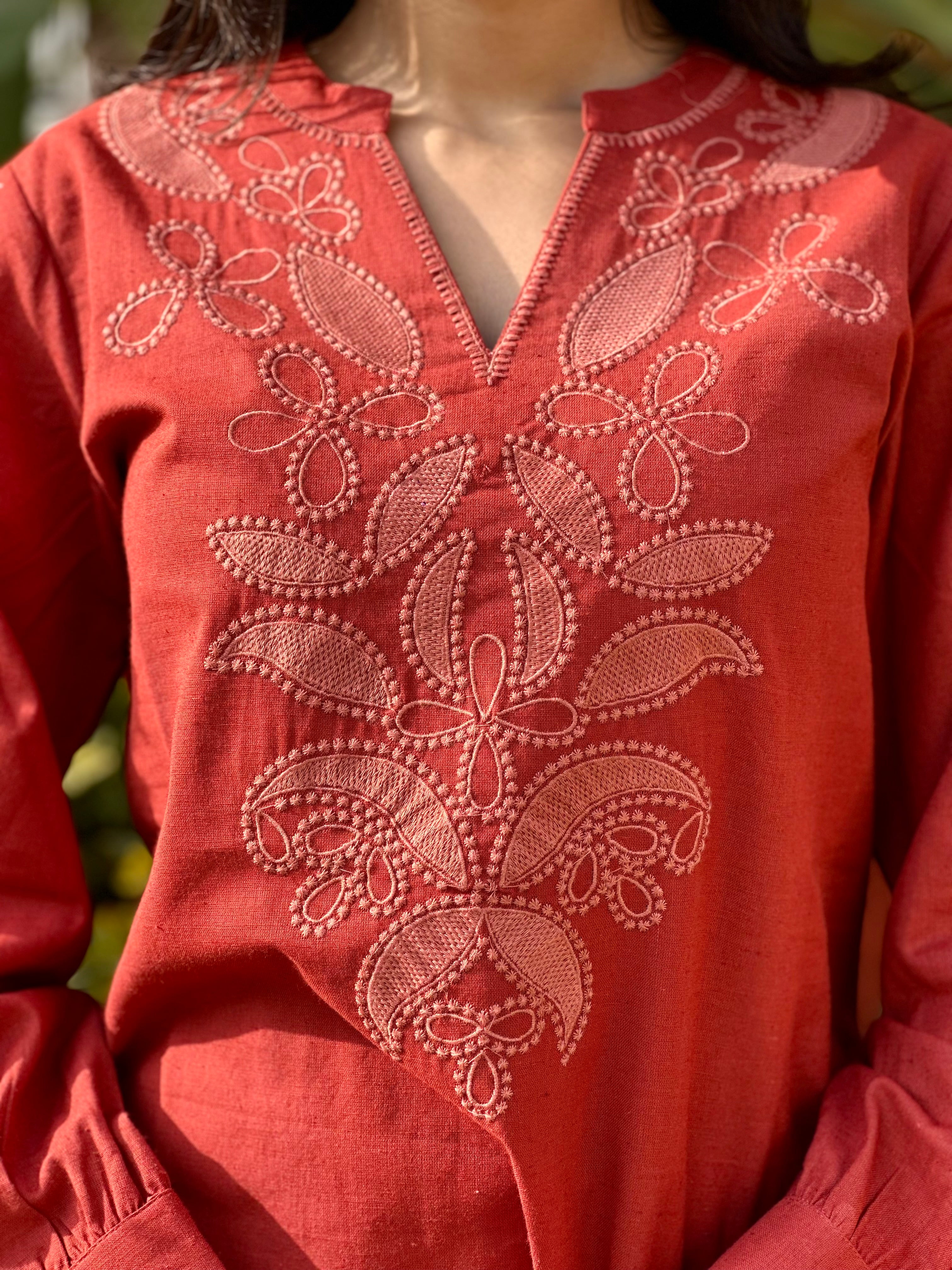 Rust Cotton Flex Kurti With Floral Embroidery