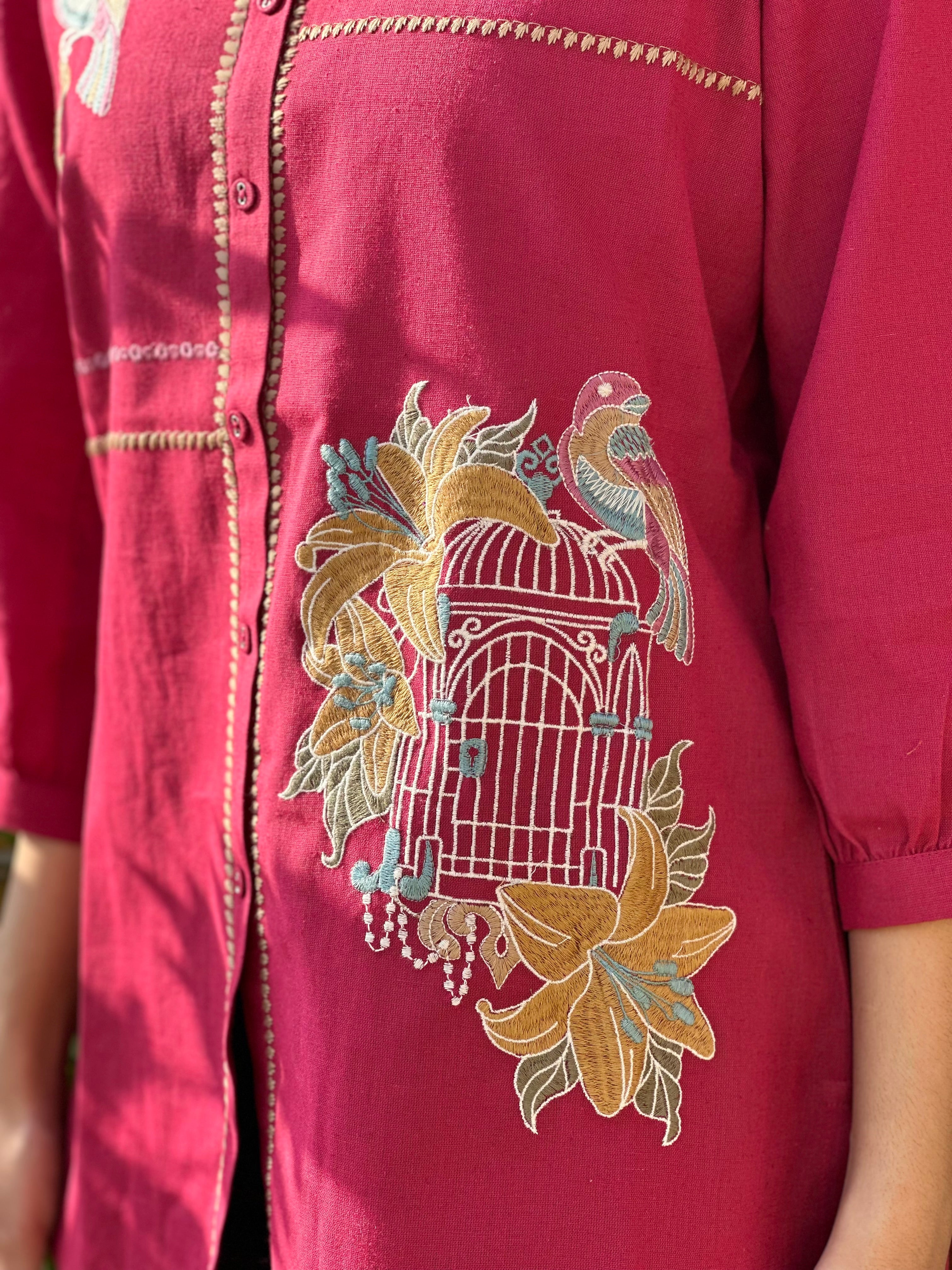 Rani Pink Cotton Flex Kurti With Bird Embroidery