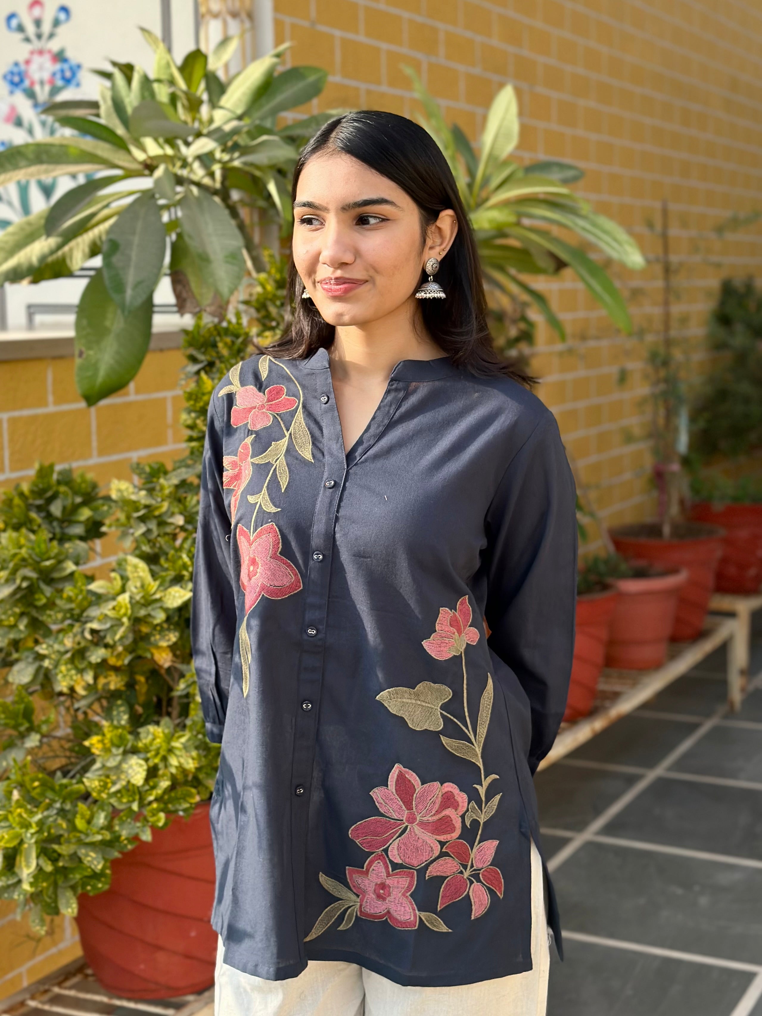 Deep Blue Cotton Flex Kurti With Floral Embroidery