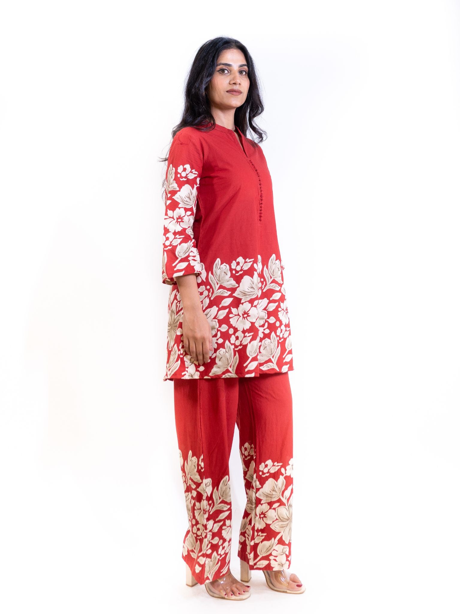 Red Floral Co-ord Set with Mandarin Collar Kurti and Pants
