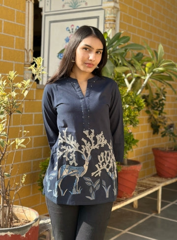 Black Cotton Flex Kurti With Beige Tree Inspired Print