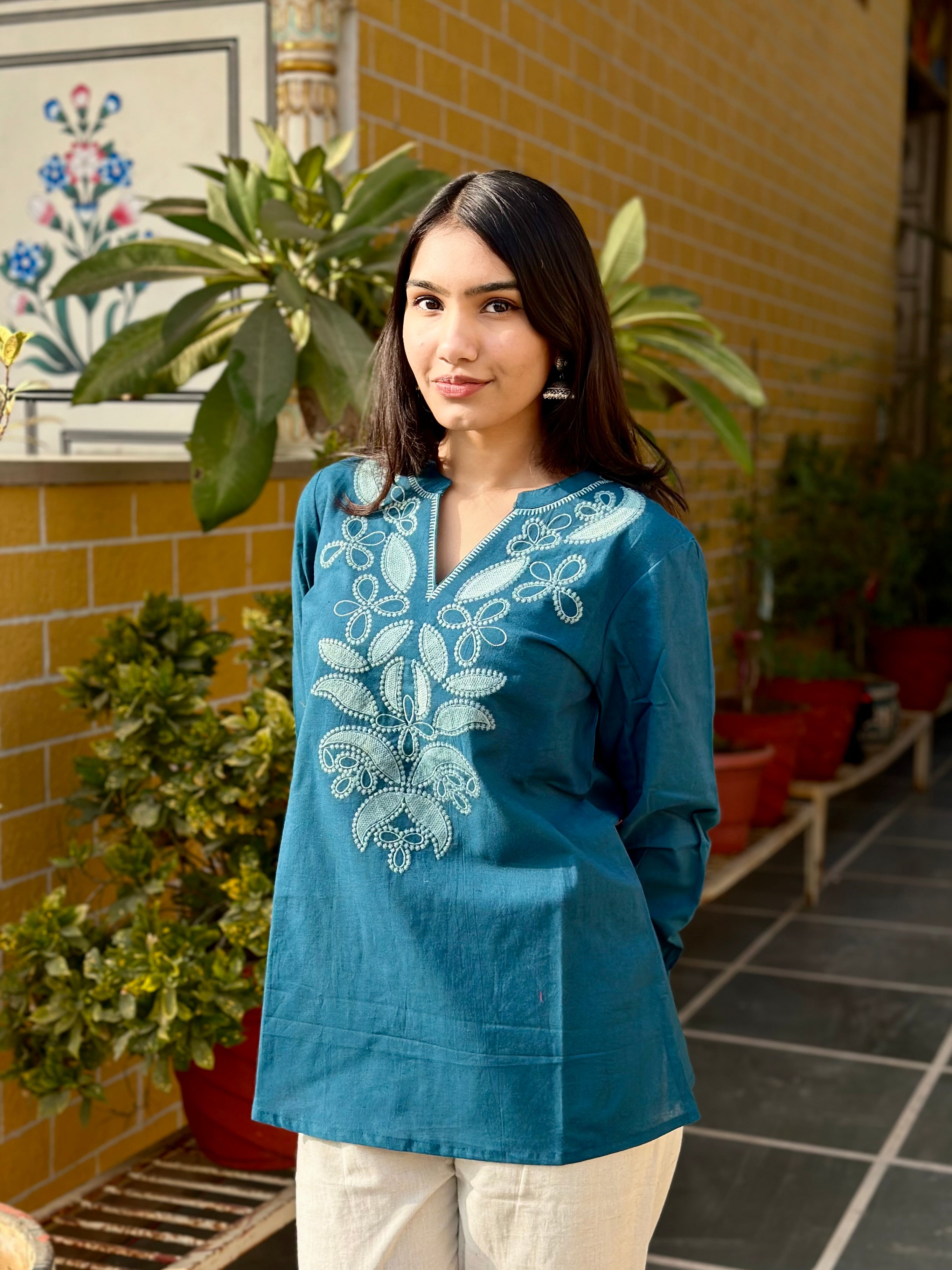 Teal Blue Cotton Flex Kurti With Floral Embroidery