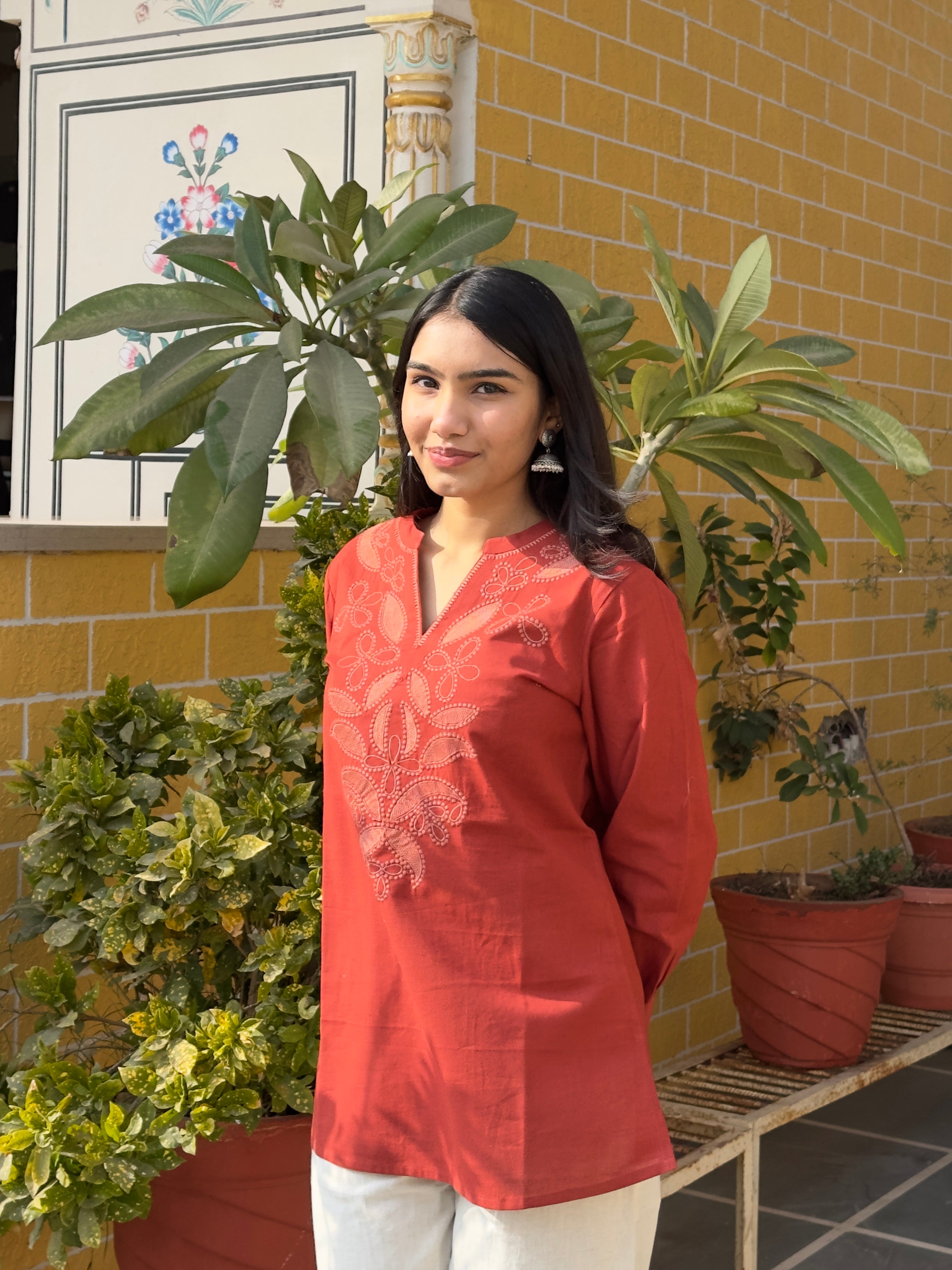 Rust Cotton Flex Kurti With Floral Embroidery