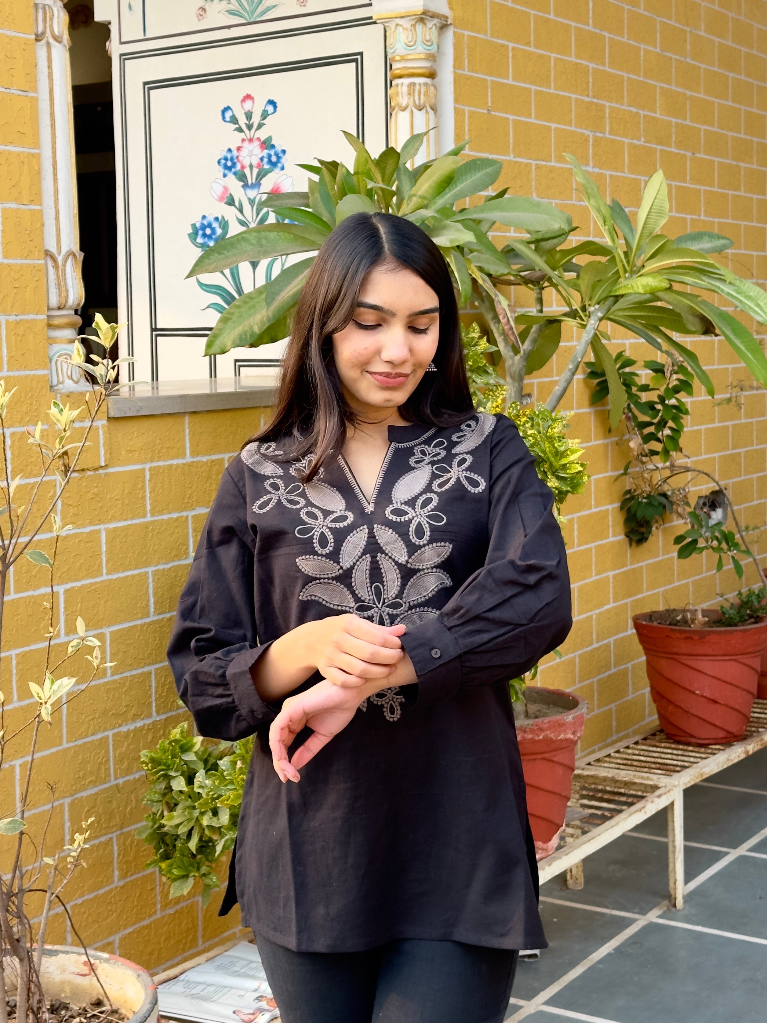 Black Cotton Flex Kurti With Floral Embroidery