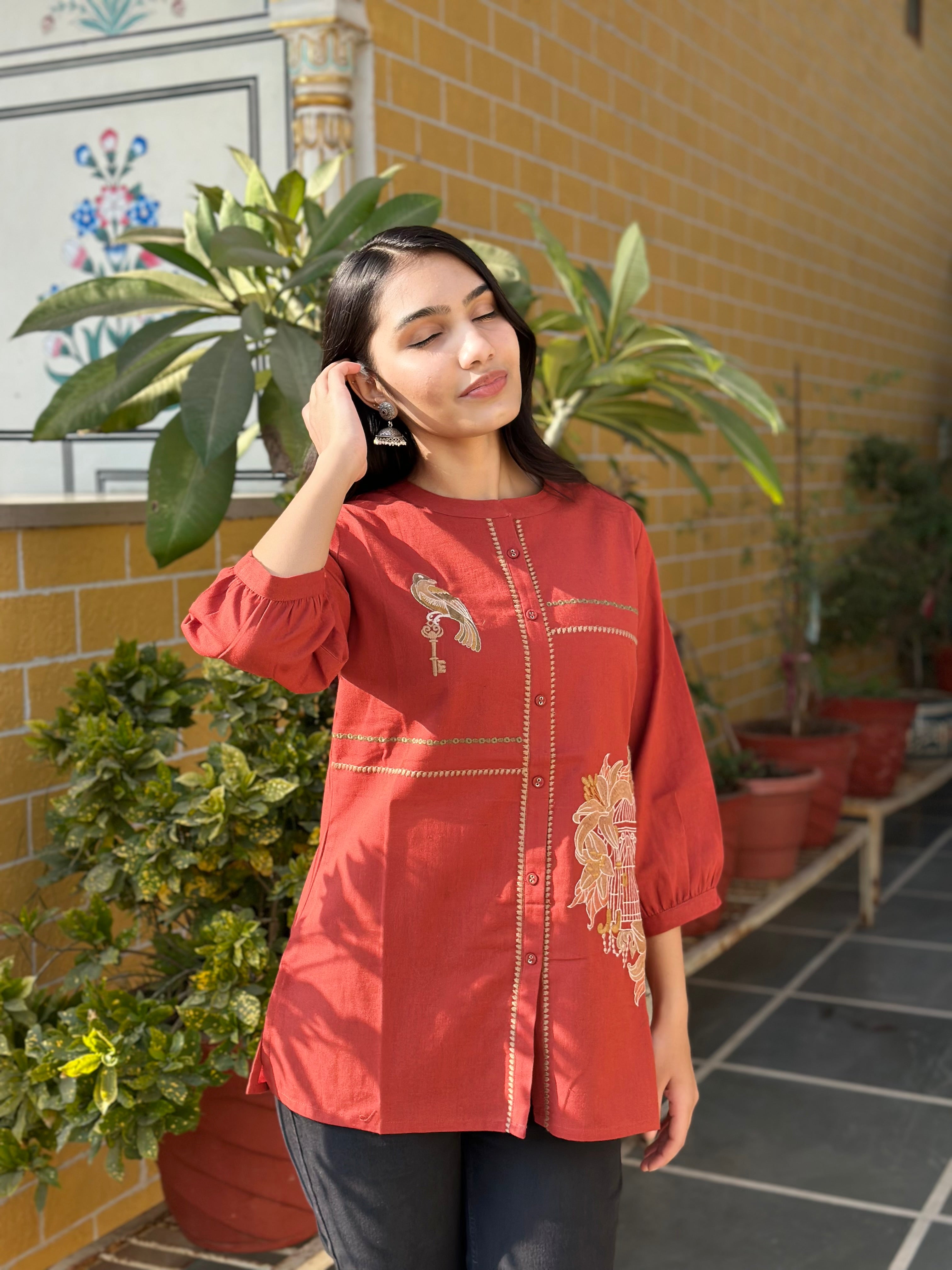 Rust Cotton Flex Kurti With Bird Embroidery