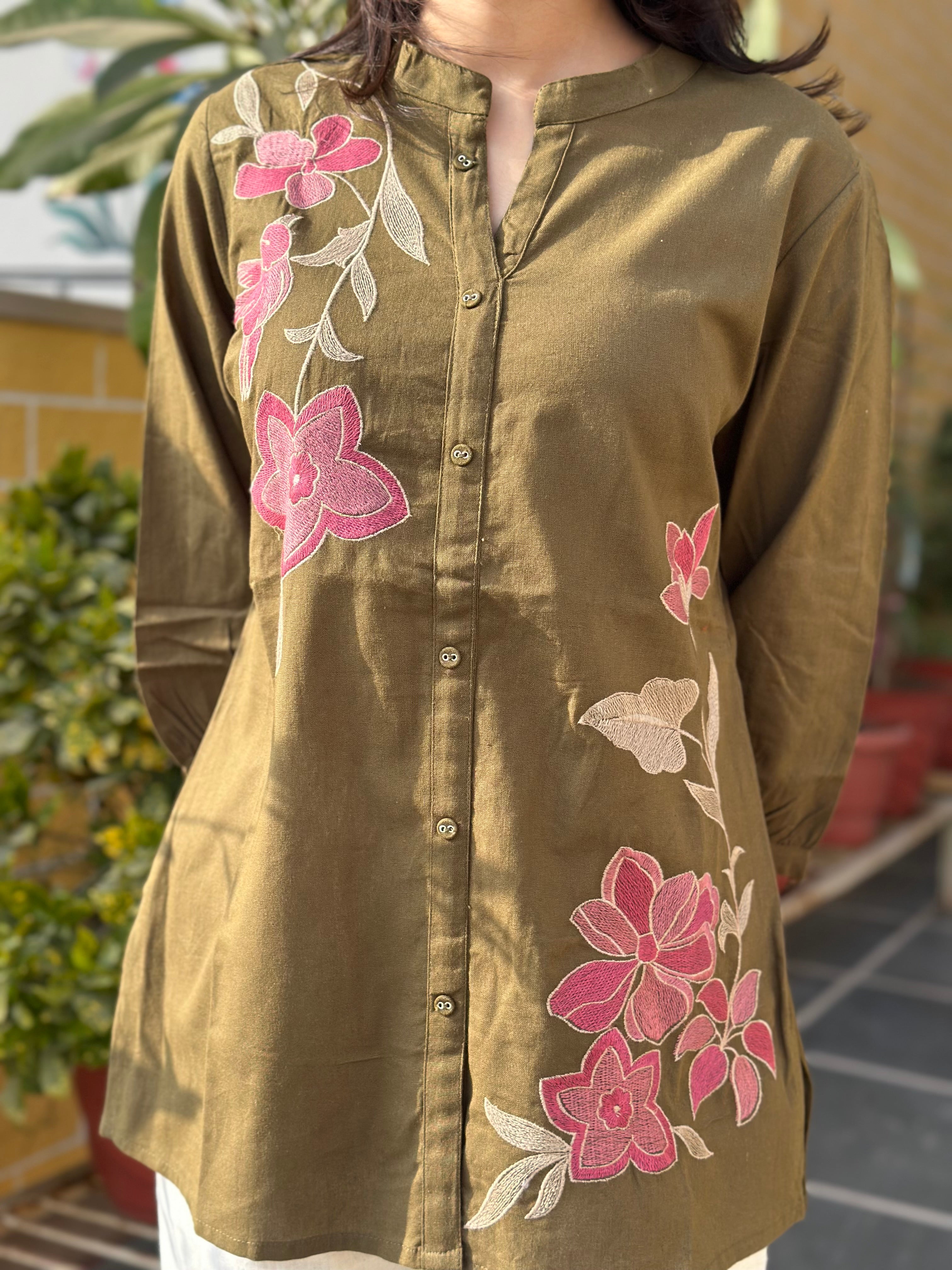 Olive Cotton Flex Kurti With Floral Embroidery