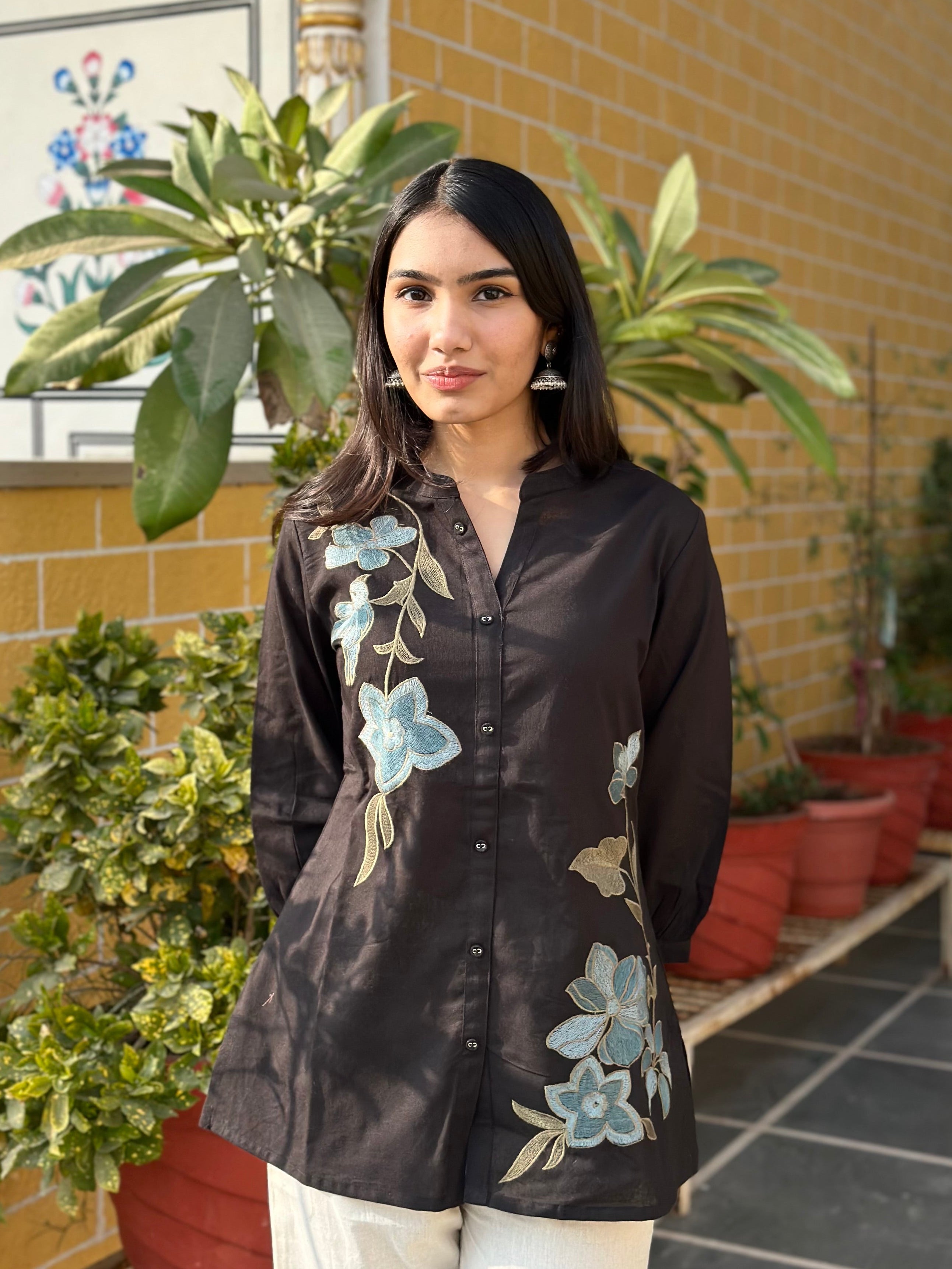 Black Cotton Flex Kurti With Floral Embroidery