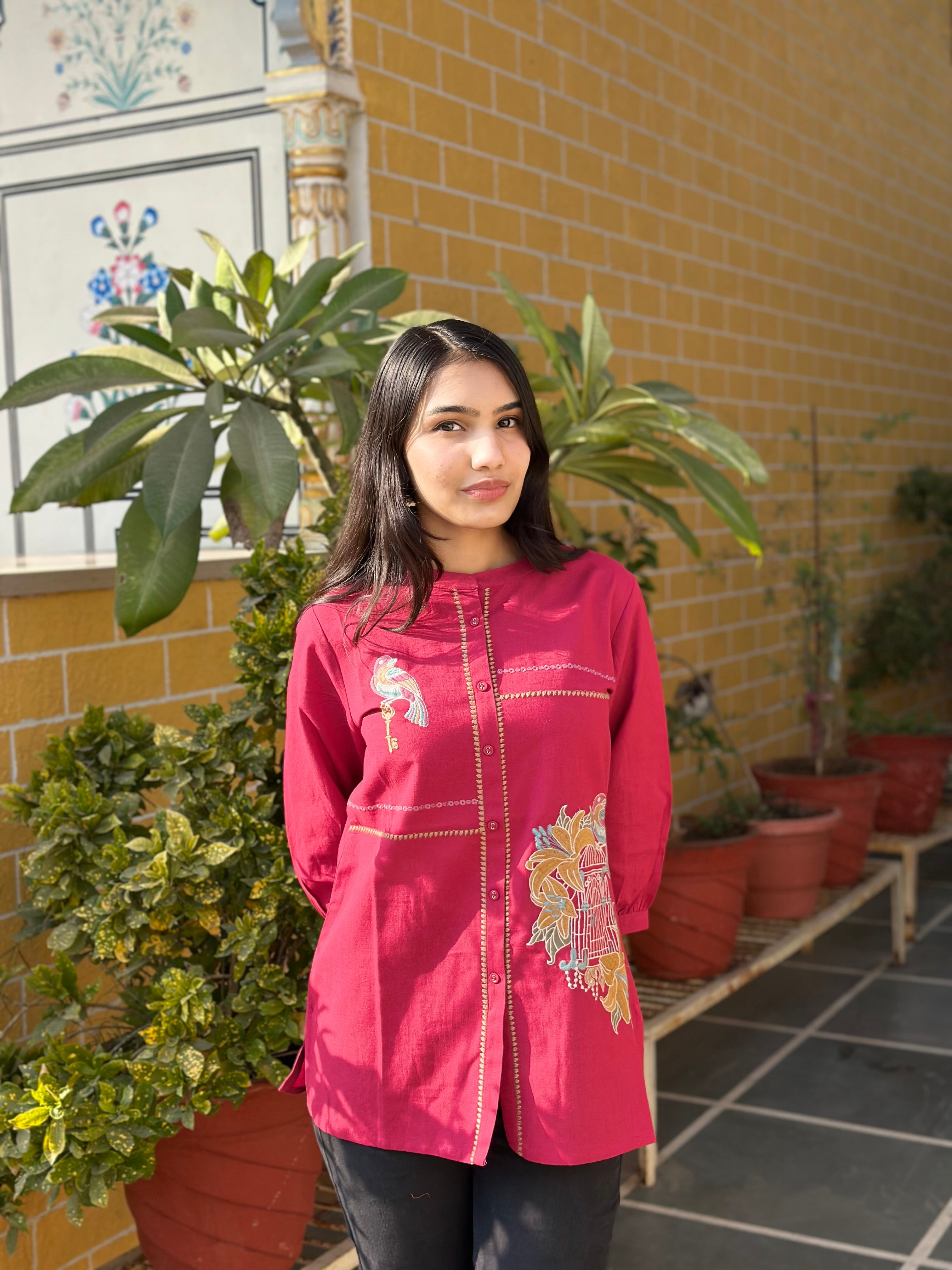 Rani Pink Cotton Flex Kurti With Bird Embroidery