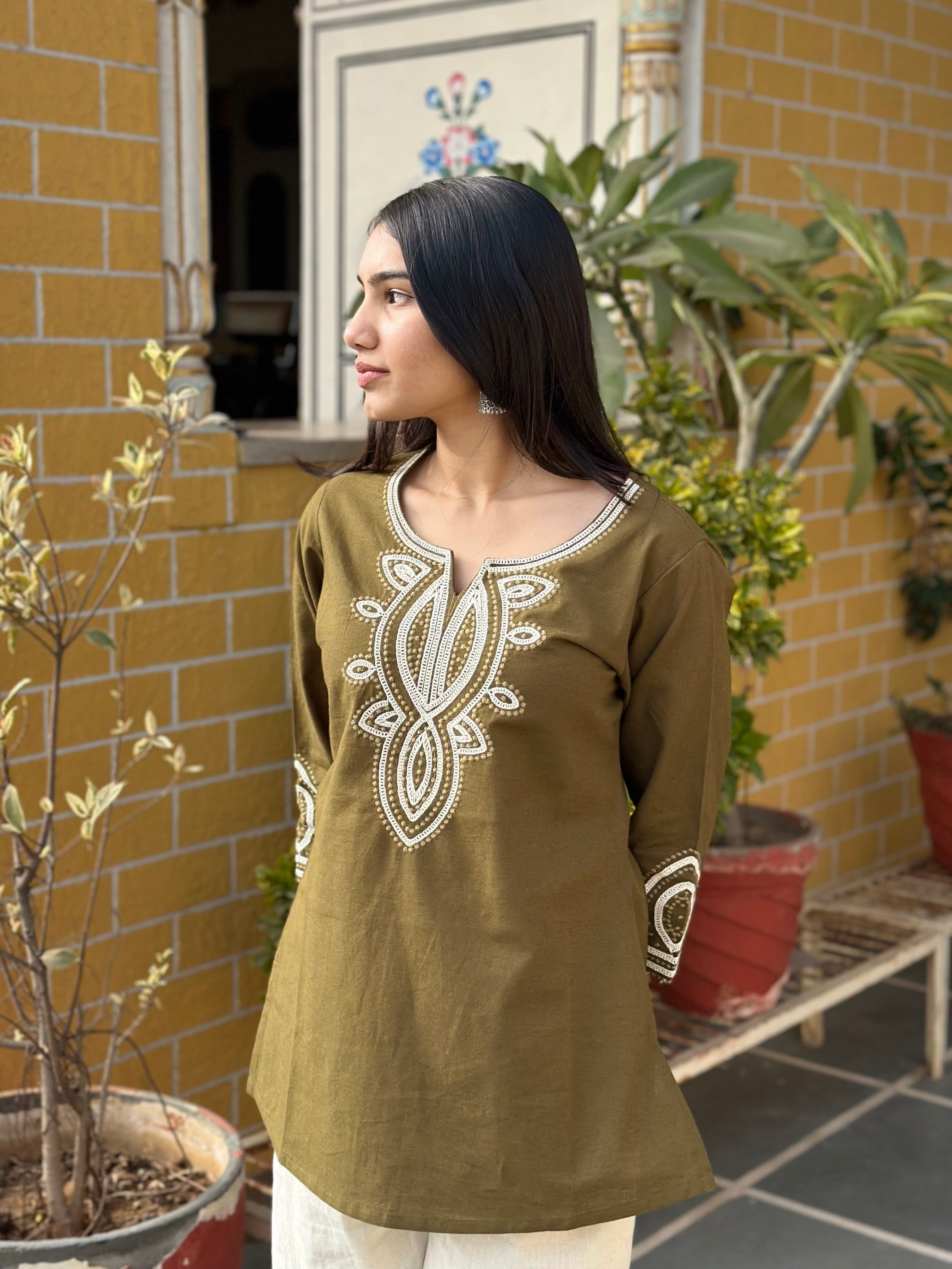 Olive Embroidered Cotton Flex Kurti
