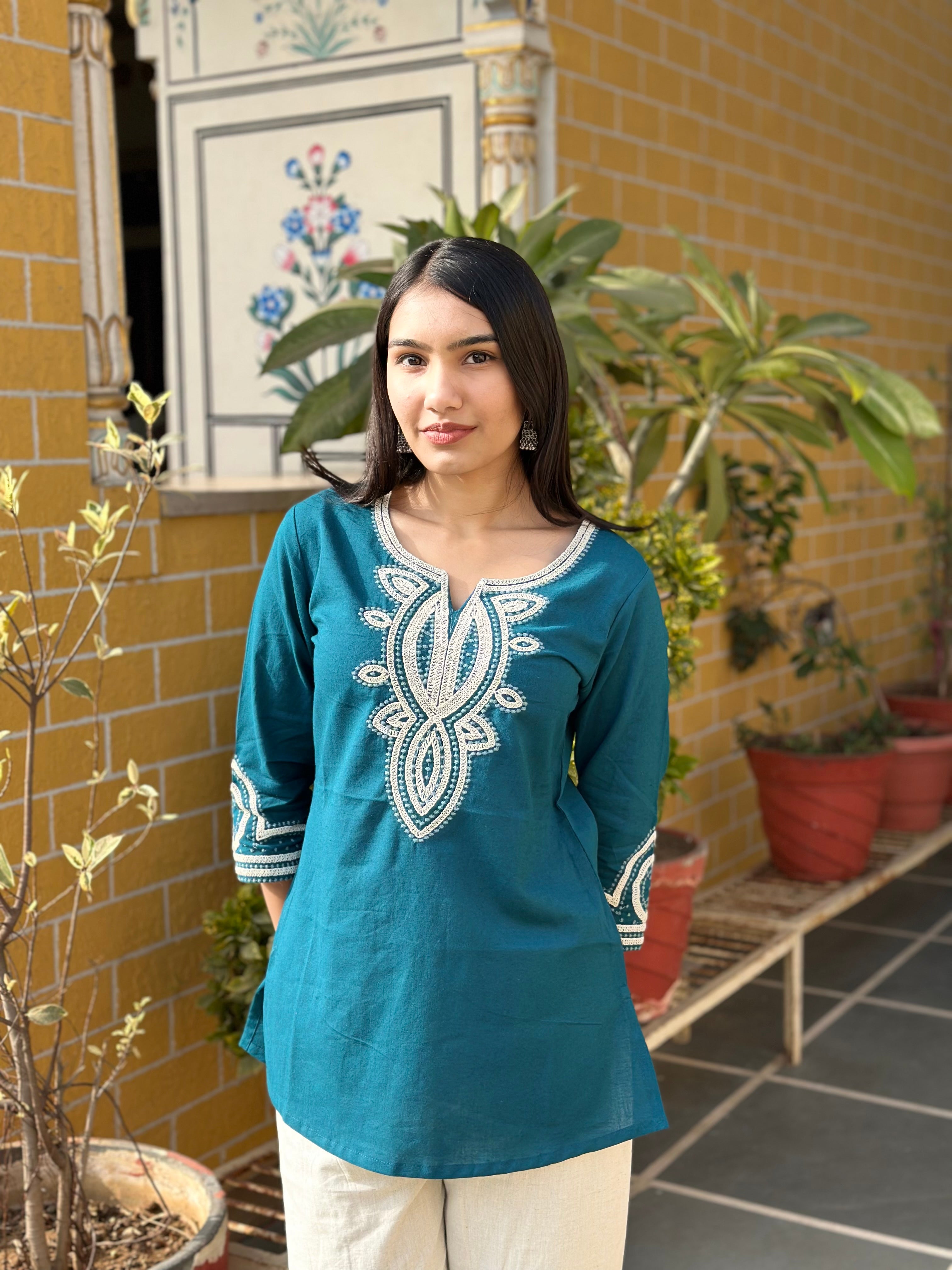 Teal Blue Embroidered Cotton Flex Kurti