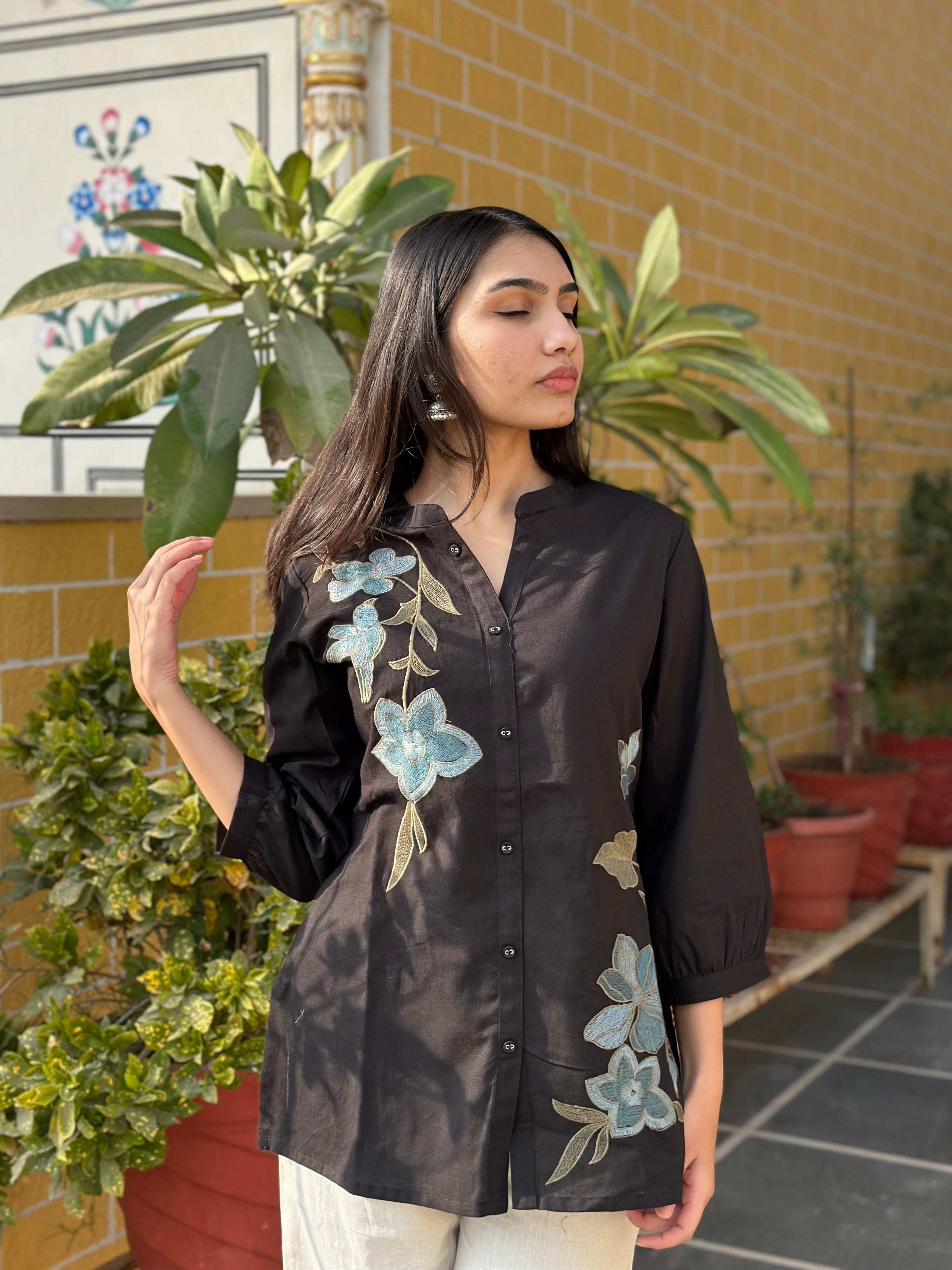 Black Cotton Flex Kurti With Floral Embroidery