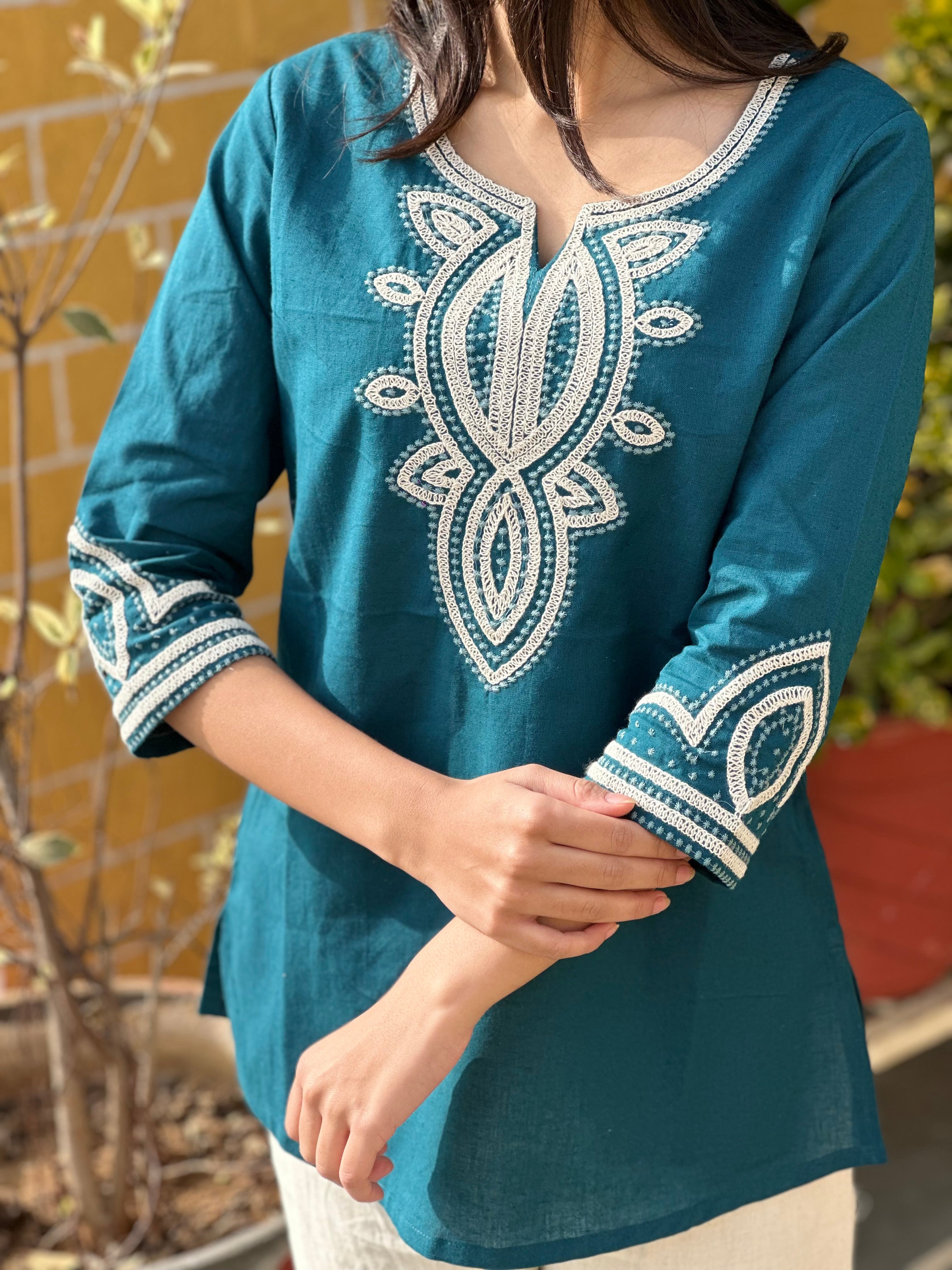 Teal Blue Embroidered Cotton Flex Kurti