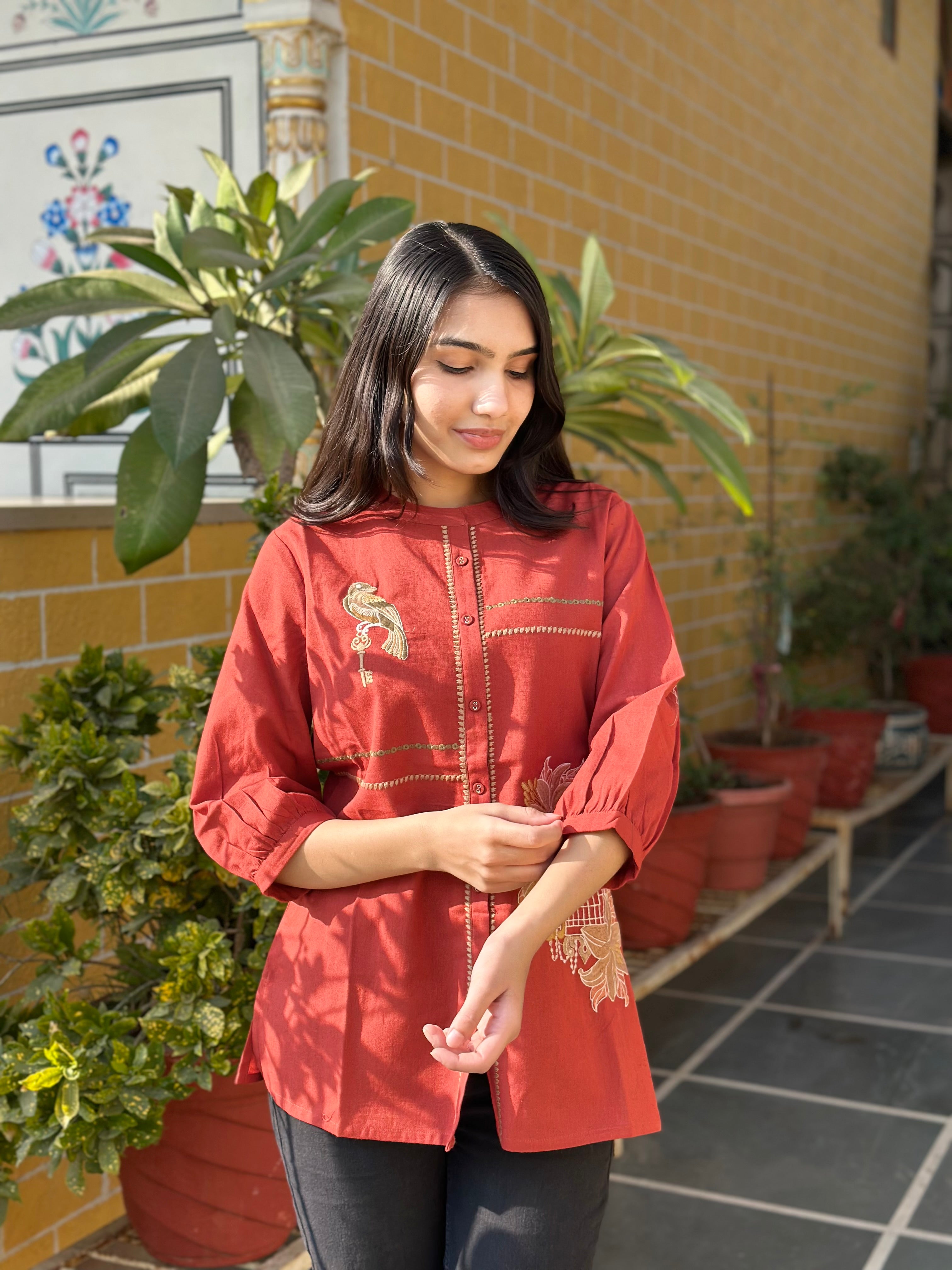 Rust Cotton Flex Kurti With Bird Embroidery