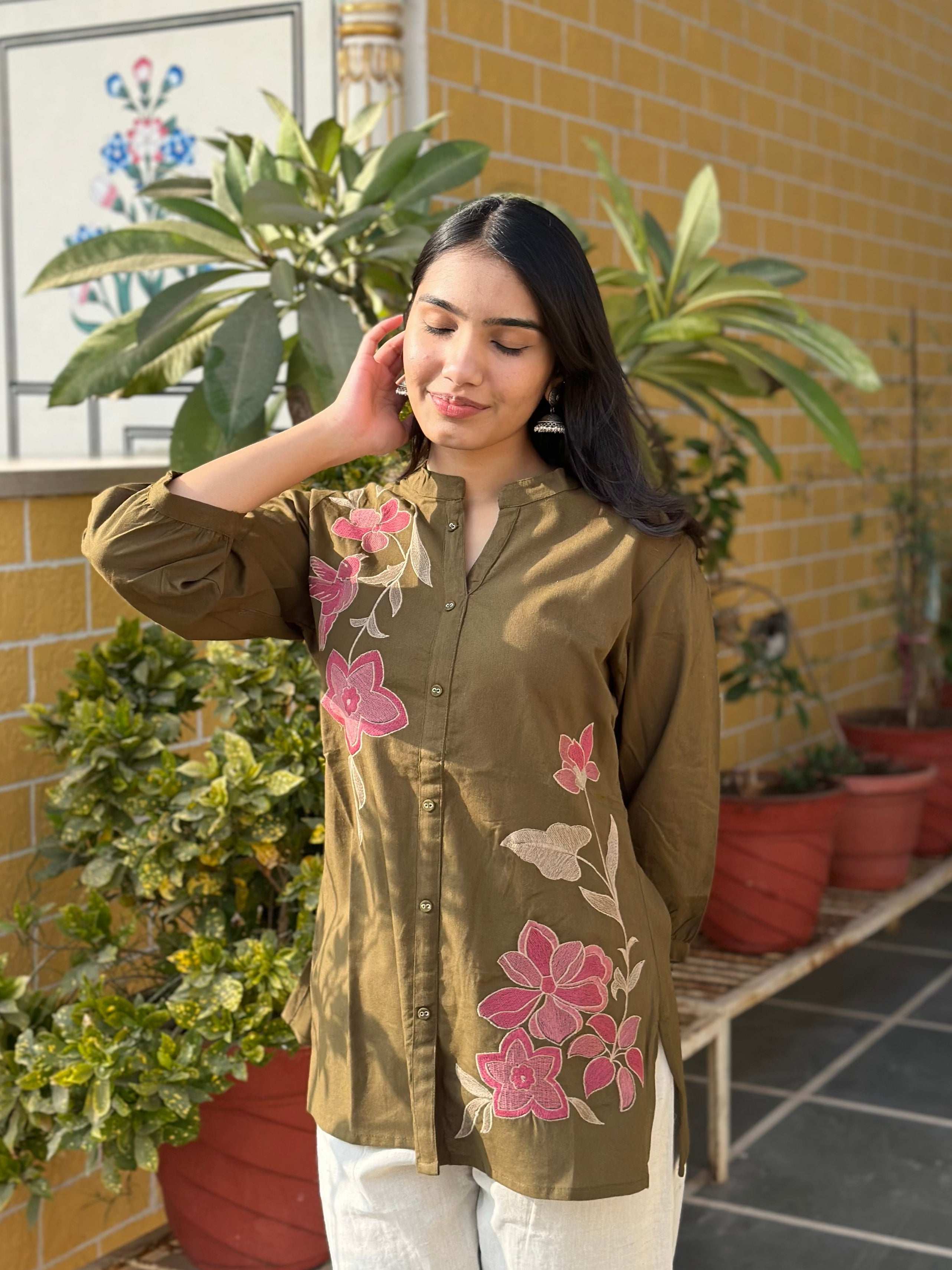 Olive Cotton Flex Kurti With Floral Embroidery