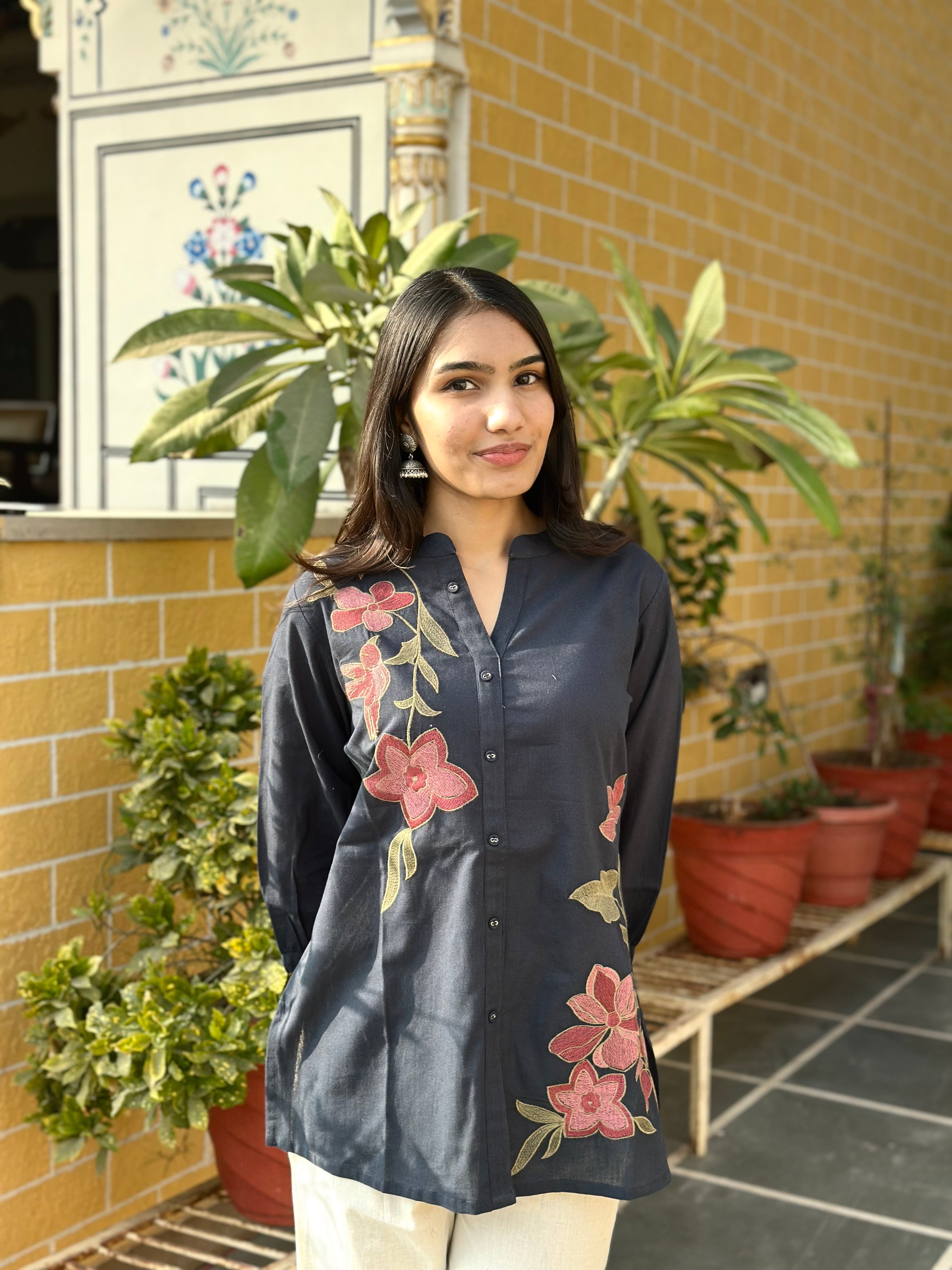 Deep Blue Cotton Flex Kurti With Floral Embroidery
