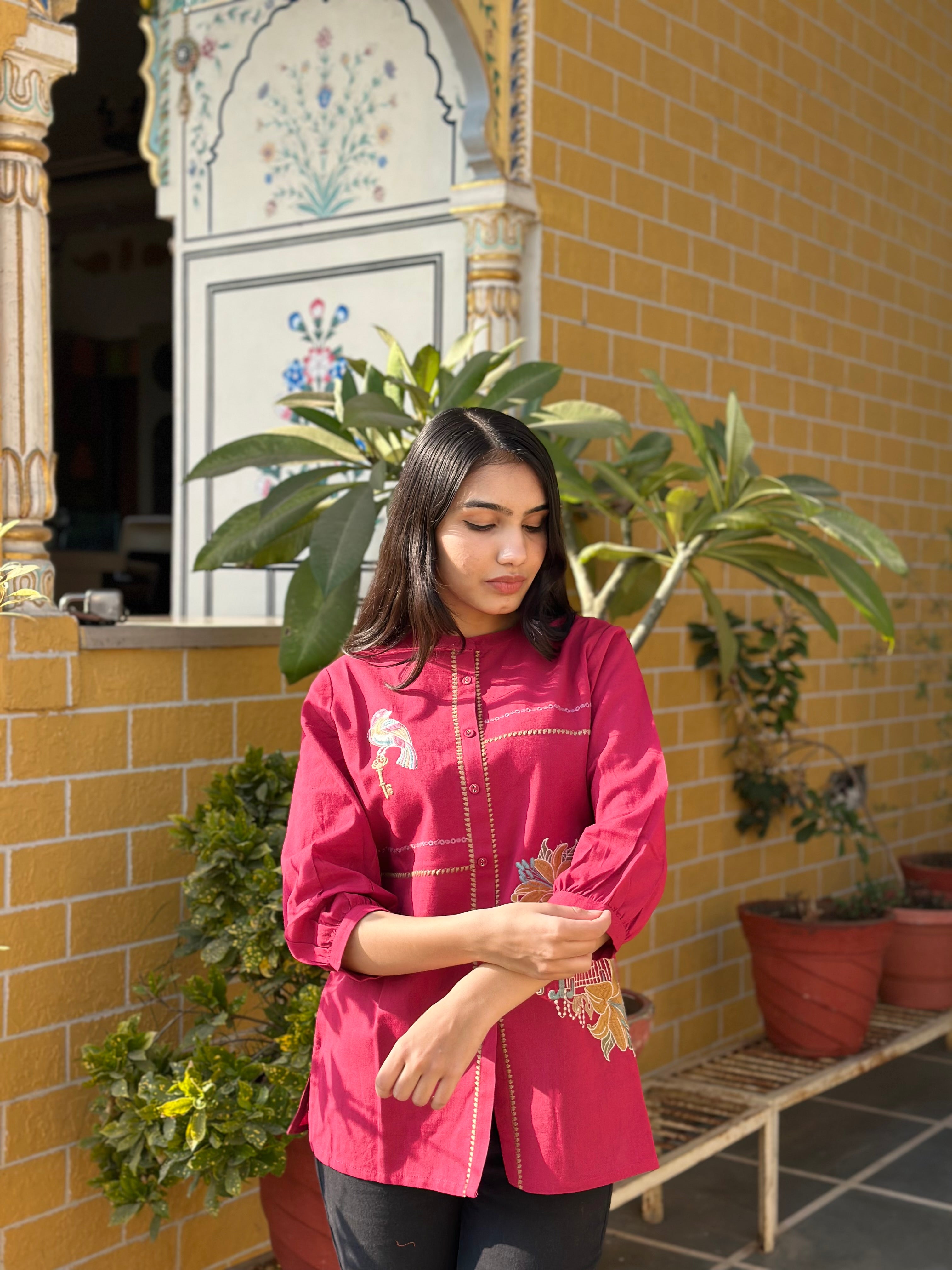 Rani Pink Cotton Flex Kurti With Bird Embroidery