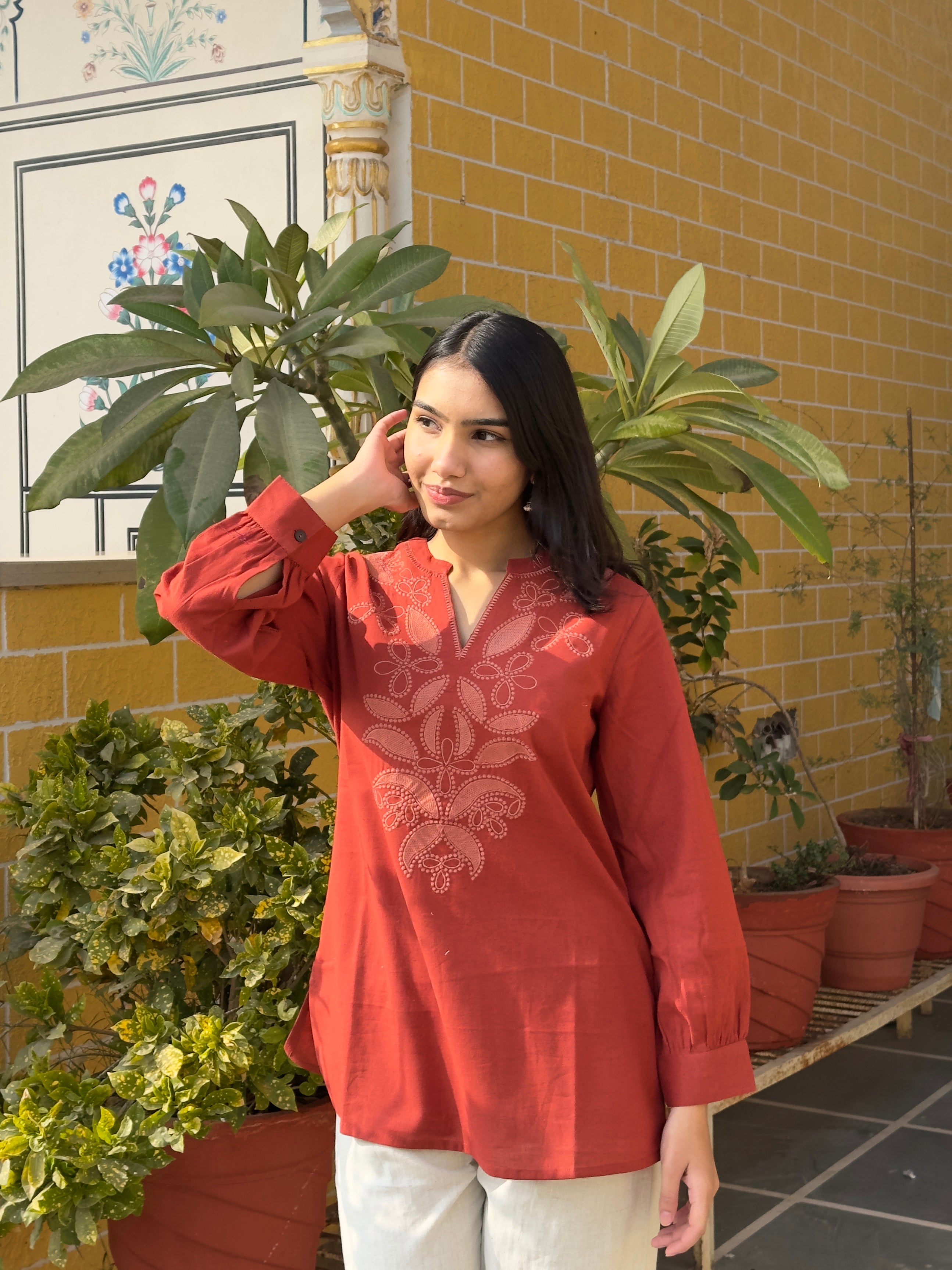 Rust Cotton Flex Kurti With Floral Embroidery