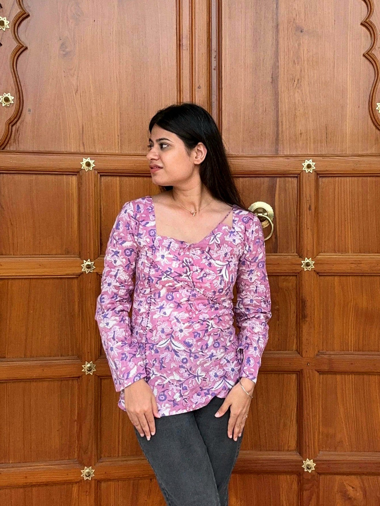 Lavender Bell Sleeve Kurti with Designer Neckline for Women