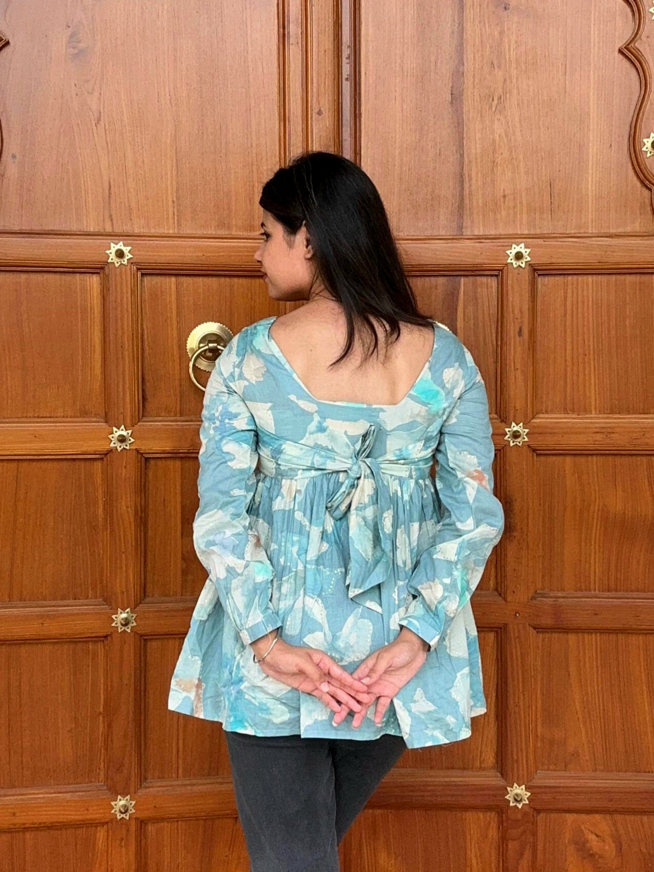 Blue Peplum Kurti with Bow Detail for Women