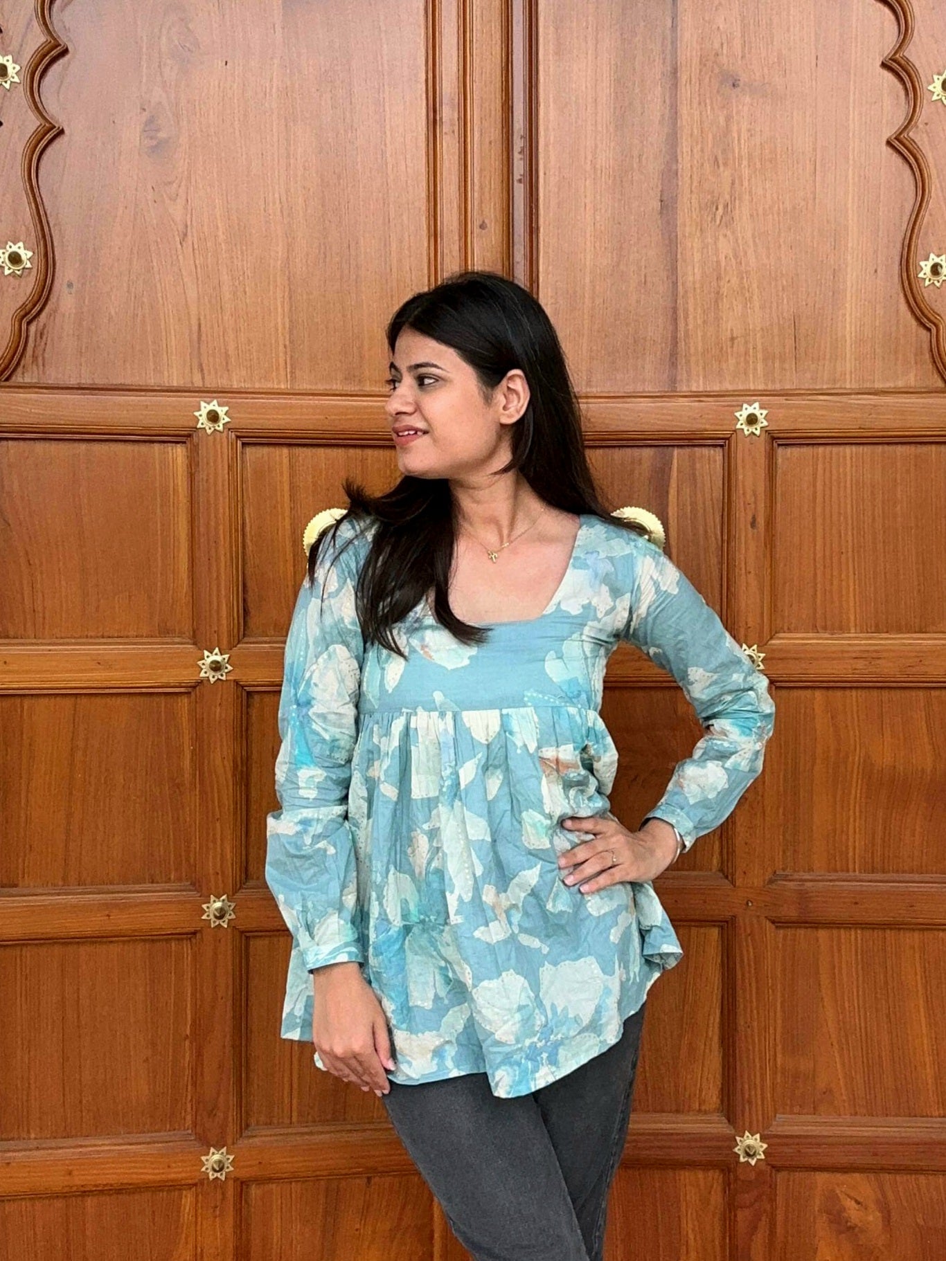 Blue Peplum Kurti with Bow Detail for Women