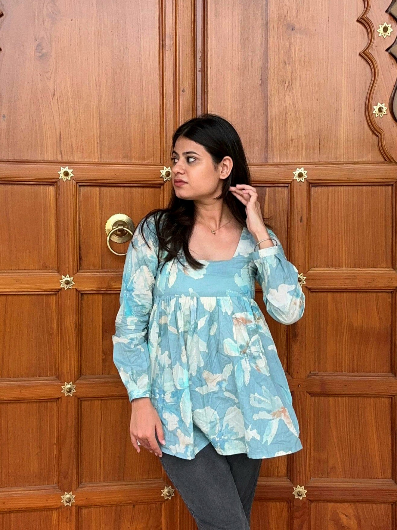 Blue Peplum Kurti with Bow Detail for Women
