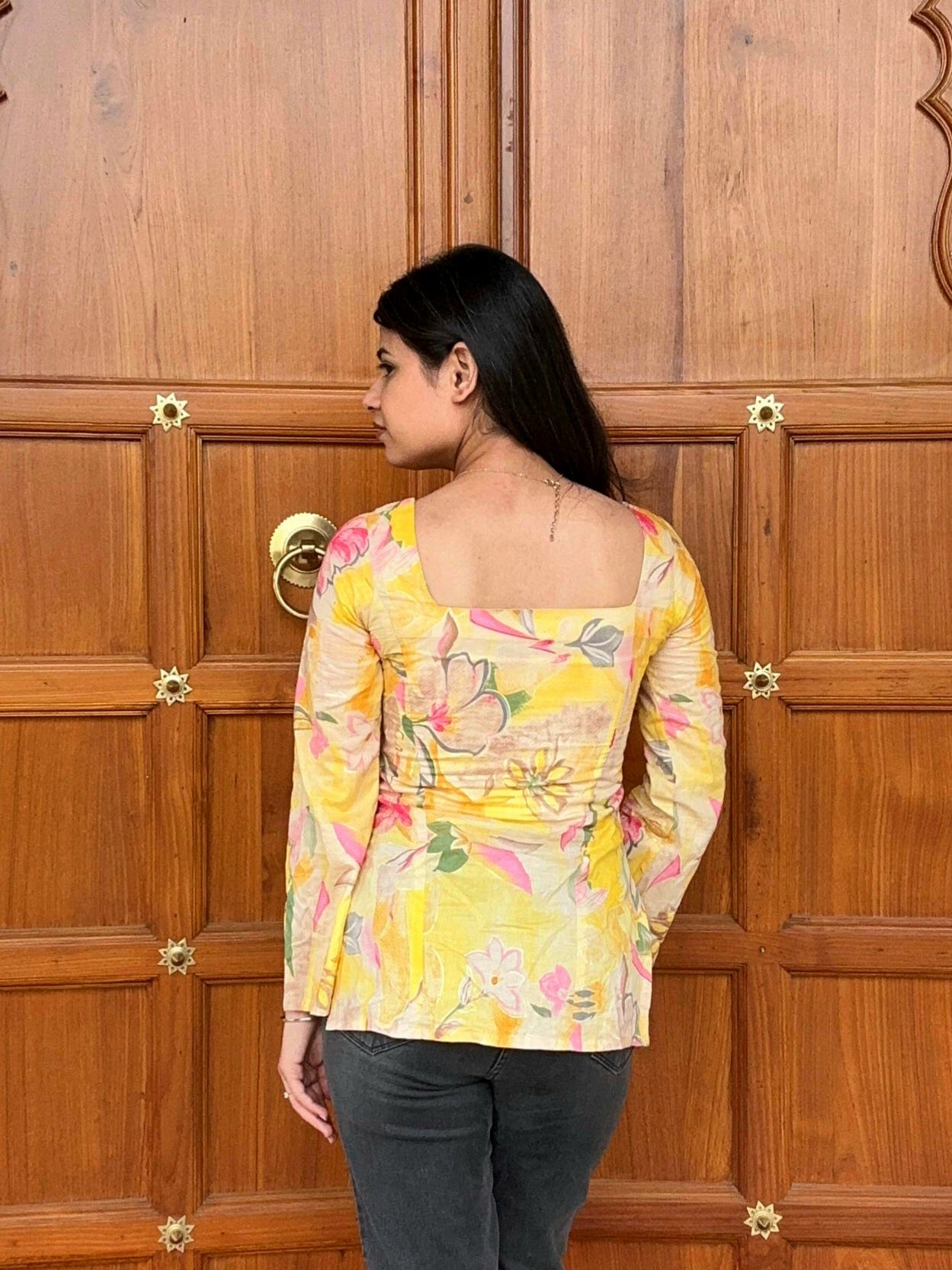 Yellow Floral Bell Sleeve Kurti with Elegant Neck Design