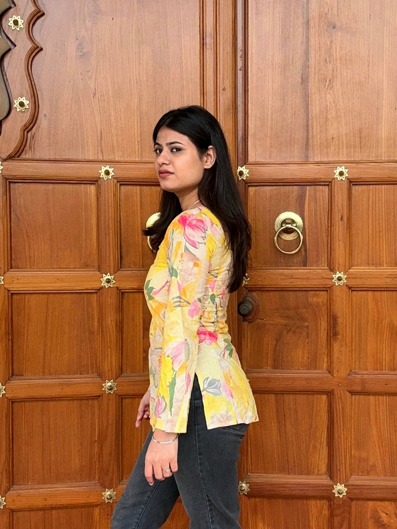 Yellow Floral Bell Sleeve Kurti with Elegant Neck Design