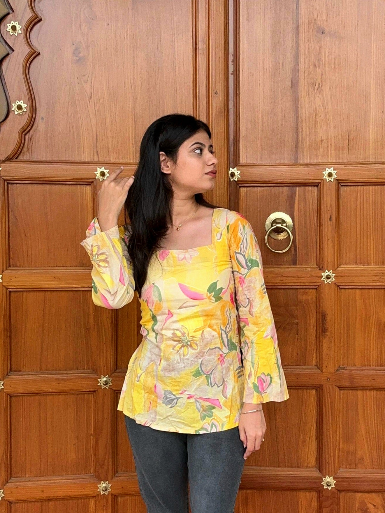 Yellow Floral Bell Sleeve Kurti with Elegant Neck Design