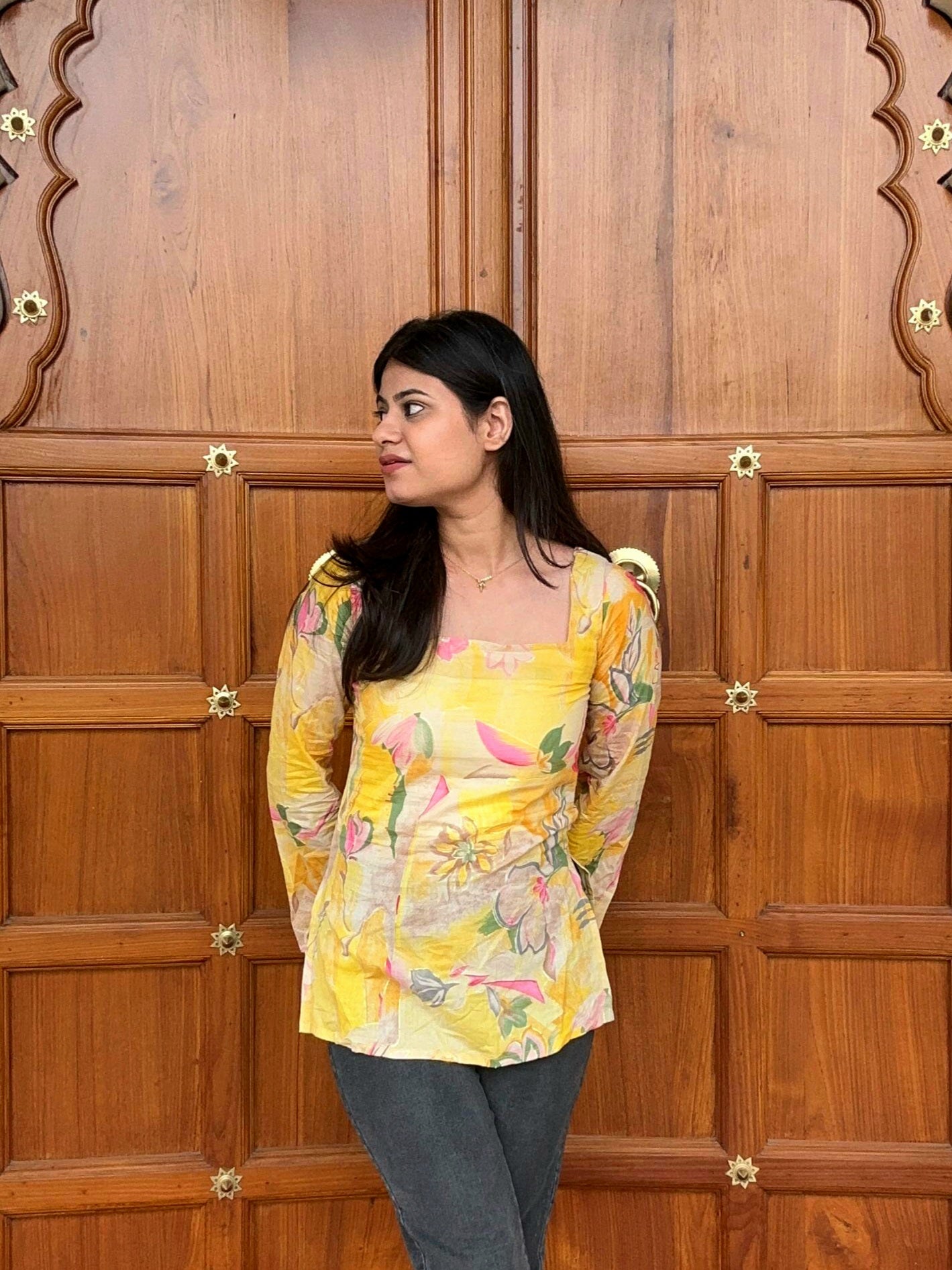 Yellow Floral Bell Sleeve Kurti with Elegant Neck Design
